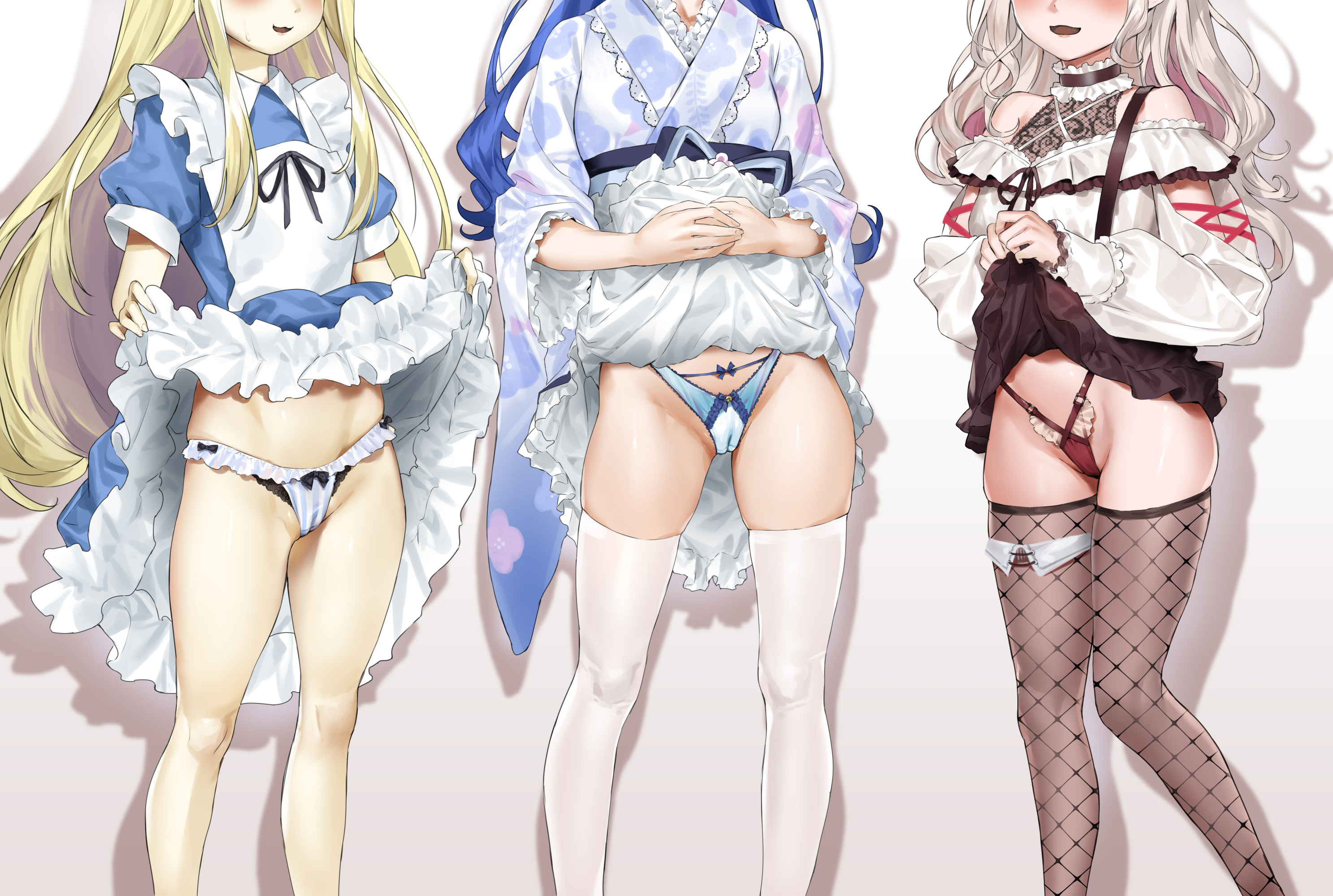Anime 2973x2000 anime girls upskirt panties Alice in Wonderland cameltoe lifting skirt stockings fishnet long hair minimalism white background simple background Kuroi Suna loli petite