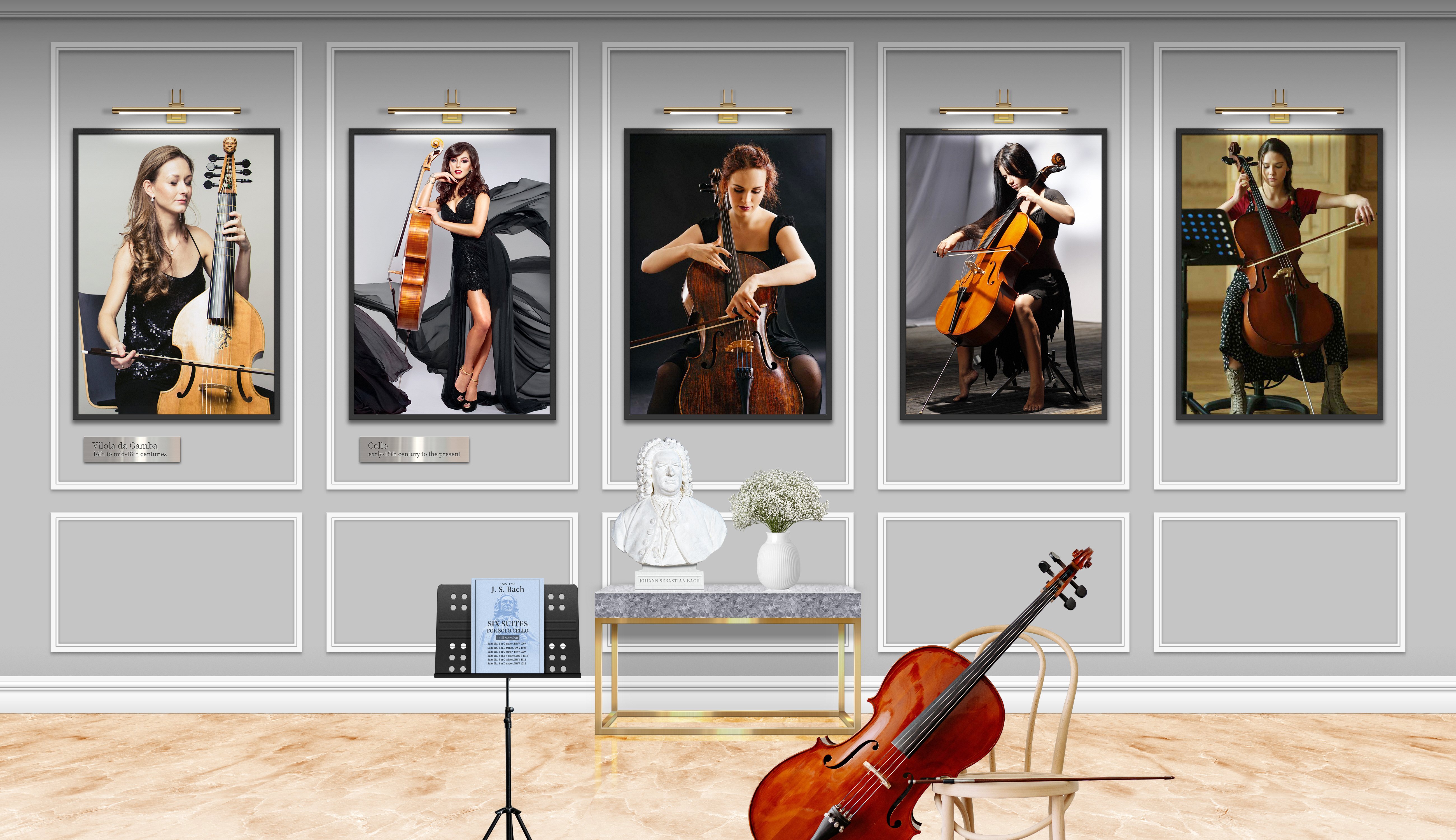 General 5200x3000 cello viola da gamba musical instrument women chair dress digital art