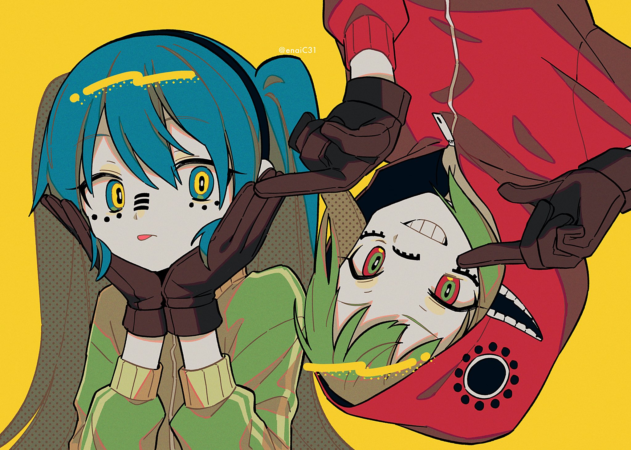 Anime 2048x1463 Hatsune Miku Vocaloid Megpoid Gumi anime girls long hair upside down yellow background simple background minimalism gloves tongue out smiling jacket hand on face
