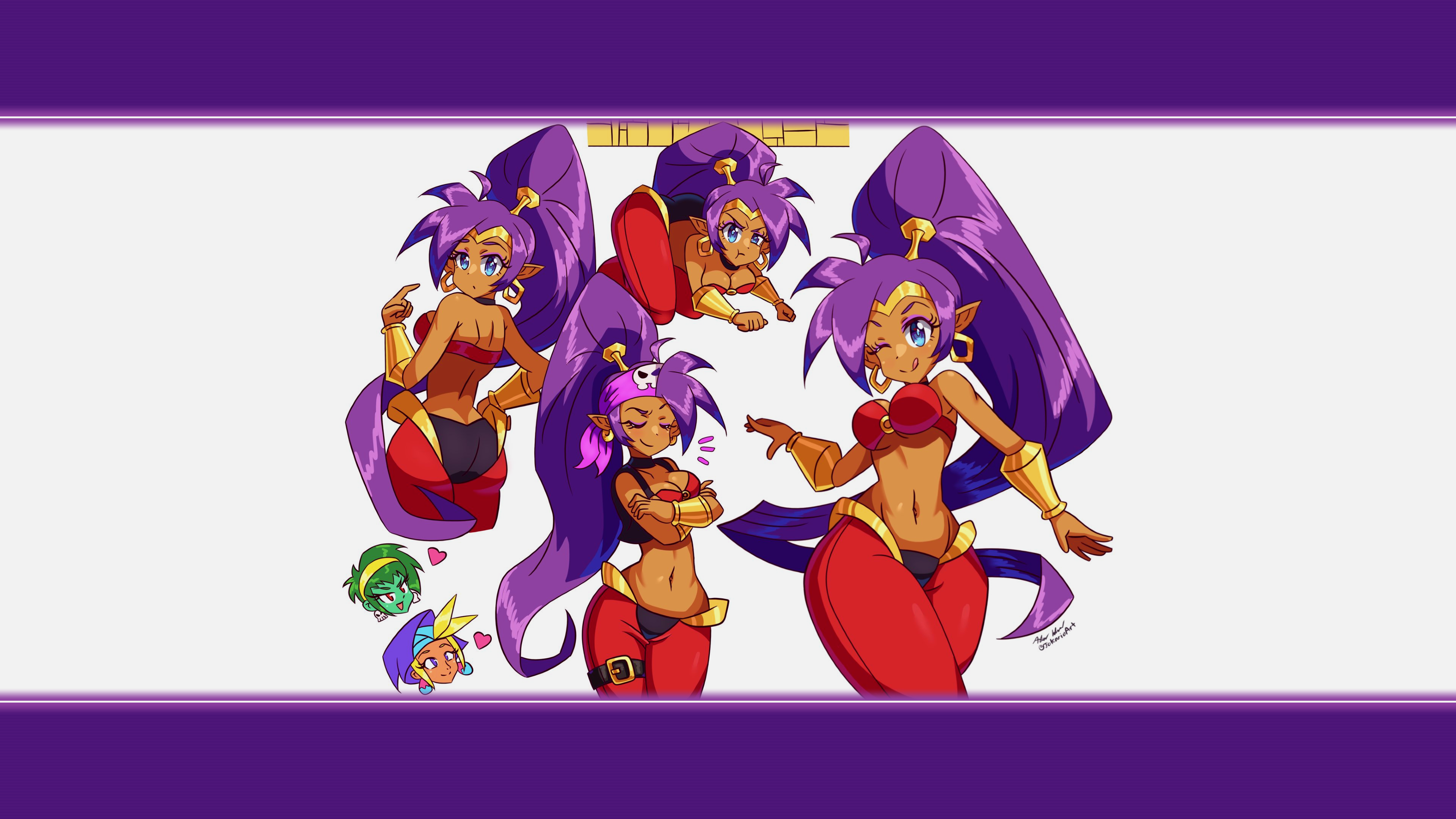 Anime 3840x2160 Shantae Shantae: Half-Genie Hero Shantae: Risky's Revenge Shantae and the Pirate's Curse Rottytops (Shantae) Sky (Shantae) bandanas ponytail genie girl Genie bikini top red pants pants blue eyes tiaras headband bent over crawling dancing dancer Belly Dancer pointy ears earring hoop earrings belly belly button bare midriff pirate girl long hair purple hair purple hairband blonde green hair green skin tanned tan ass thighs thighs together bracelets armlet heart (design) wink cleavage closed eyes looking at viewer collage back boobs video games video game girls skull makeup tongue out simple background minimalism