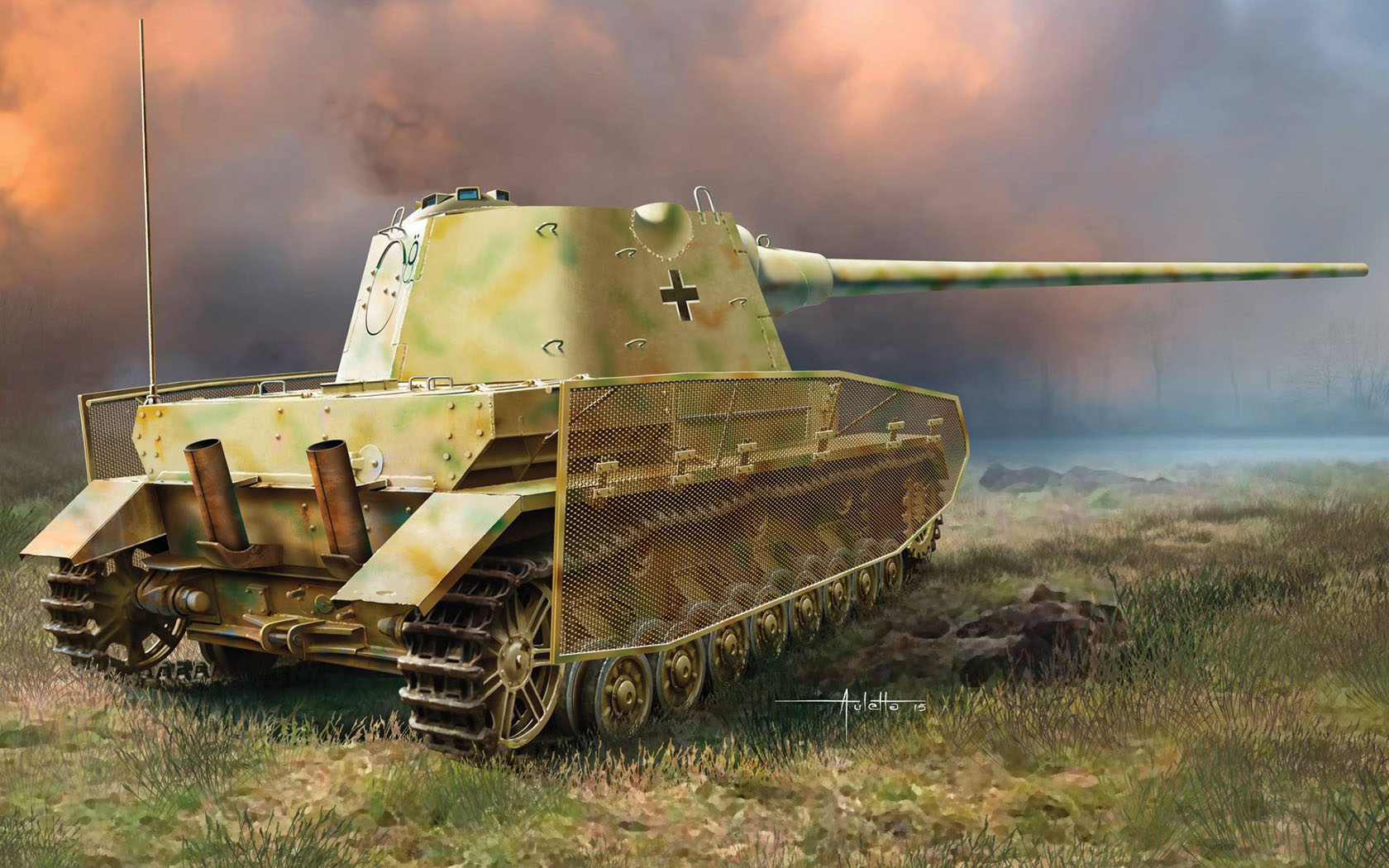 General 1680x1050 tank army military military vehicle artwork grass clouds sky German tanks World War II signature smoke