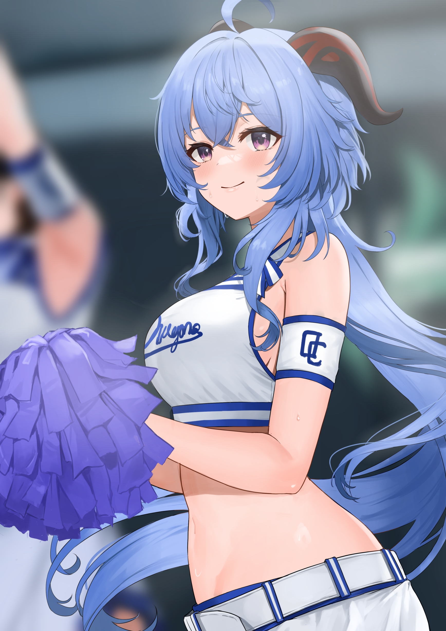 Anime 1736x2456 Pixiv Ganyu (Genshin Impact) portrait display anime girls Genshin Impact long hair smiling horns blushing belly belly button blurred blurry background cheerleaders looking at viewer sunlight