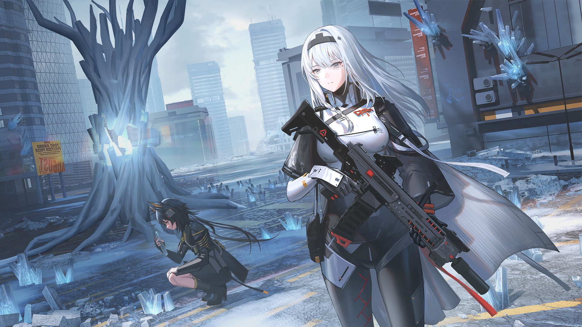 Anime 1920x1080 anime anime girls standing city building sky clouds video game art long hair video games squatting uniform looking away Snowbreak: Containment Zone