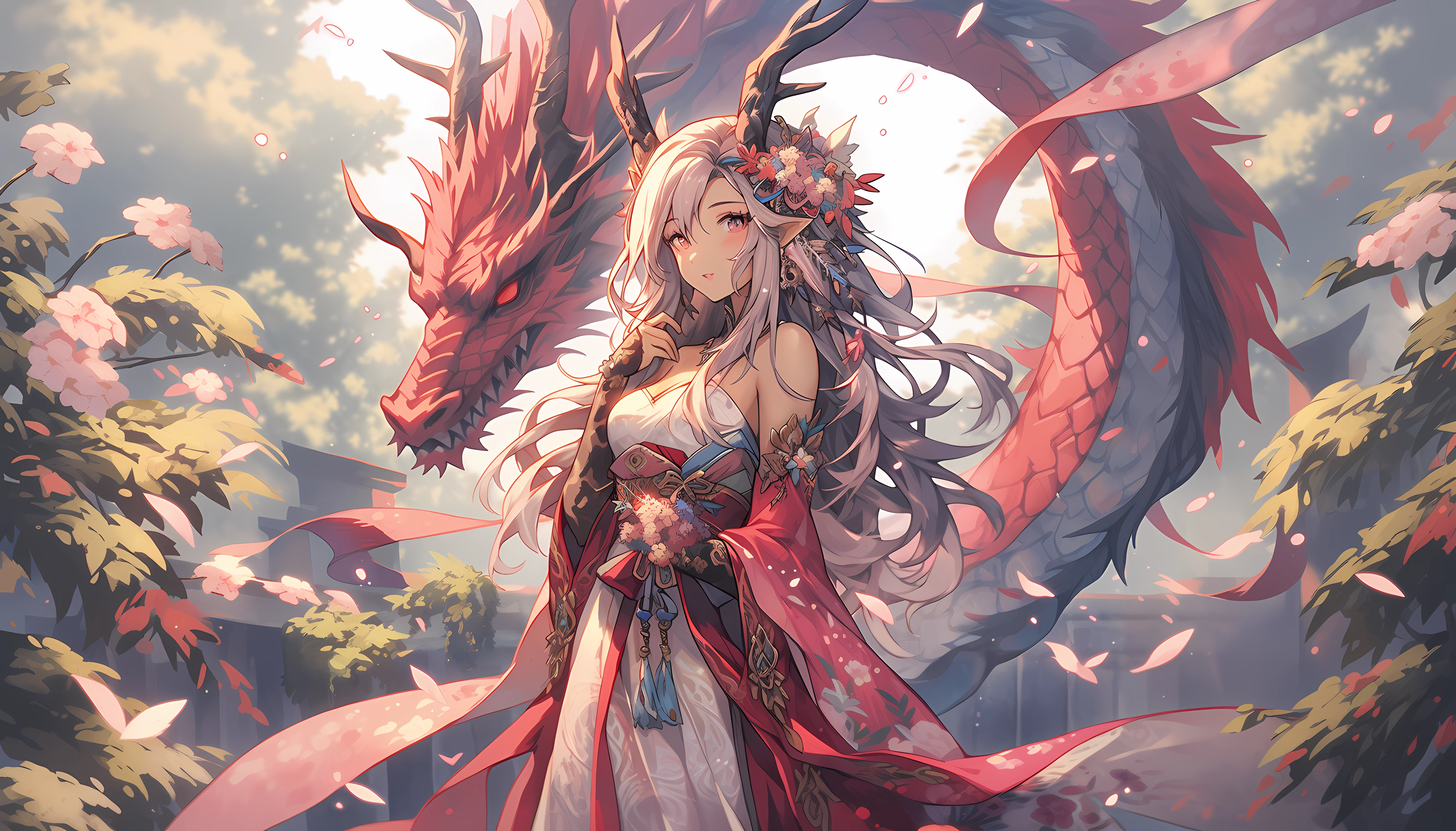 Anime 5824x3328 anime dragon AI art digital art anime girls pointy ears dragon girl dragon horns looking at viewer standing flowers leaves petals long hair creature flower in hair Chinese dragon