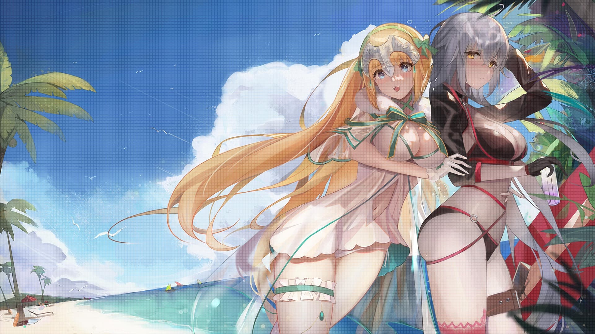 Anime 1920x1080 big boobs anime girls Fate/Grand Carnival Fate series standing sky clouds palm trees beach water looking at viewer leaves gloves swimwear AI art