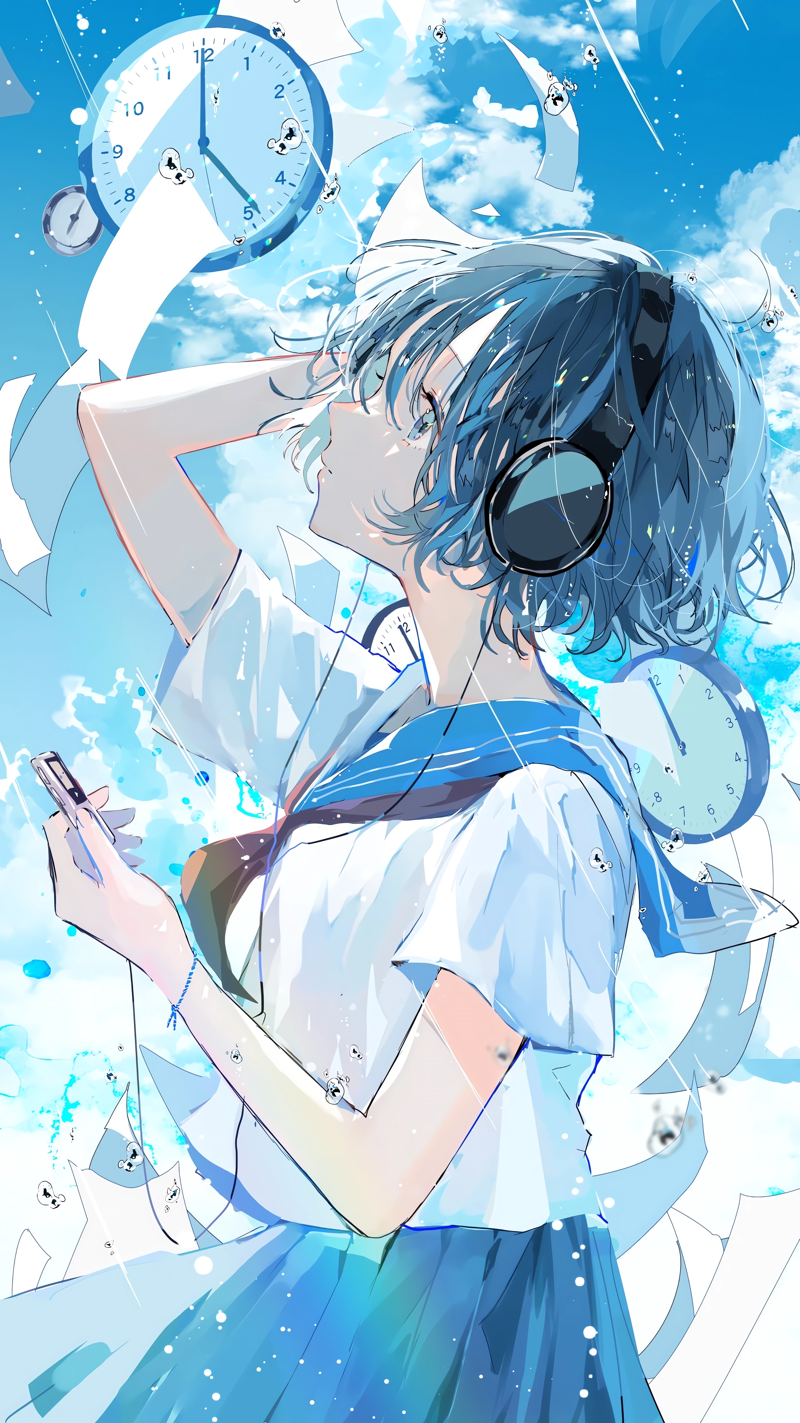 Anime 2560x4550 anime anime girls portrait display headphones schoolgirl school uniform looking up sky clouds clocks standing short hair paper