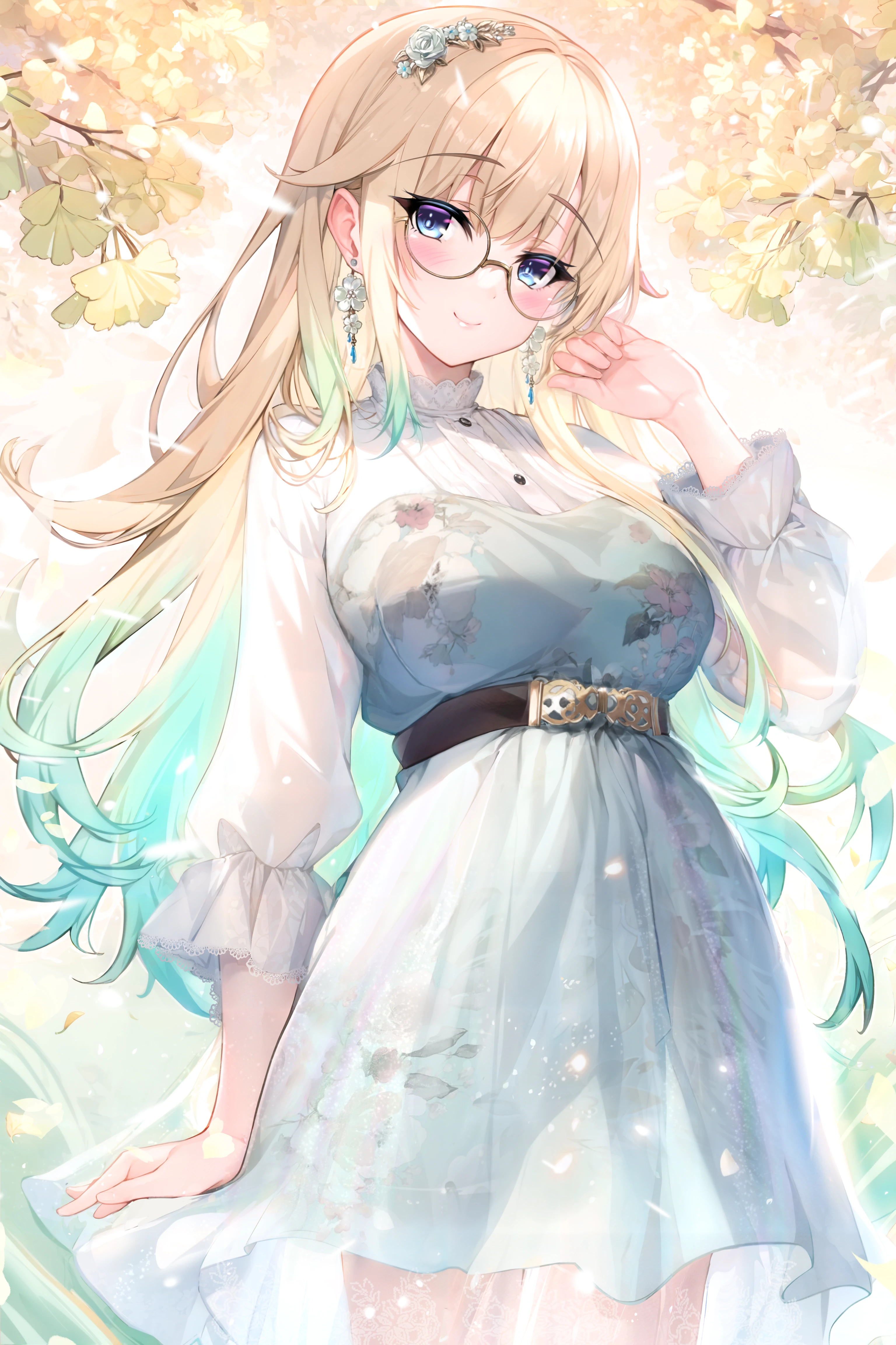 Anime 3072x4608 anime anime girls portrait display glasses gradient hair two tone hair standing looking at viewer flowers dress smiling blushing earring long hair