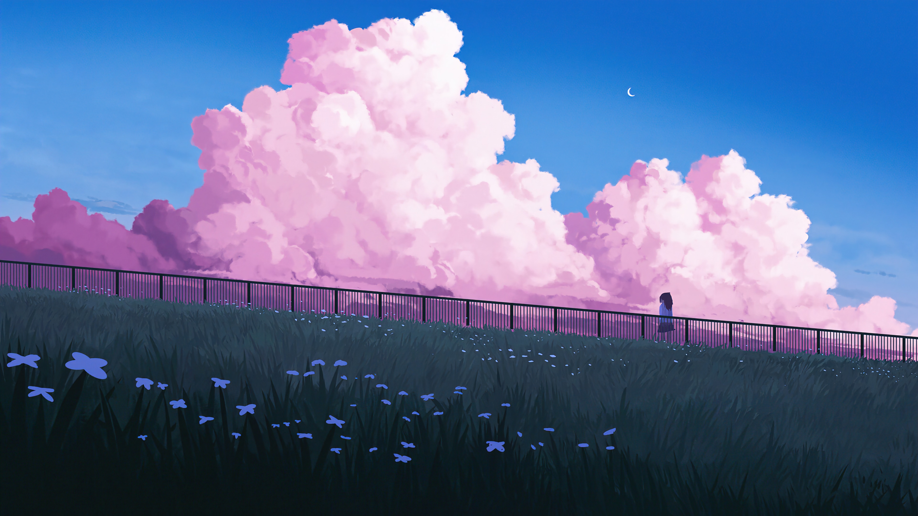 Anime 3840x2160 field clouds clear sky anime girls Moon crescent moon sky railing flowers
