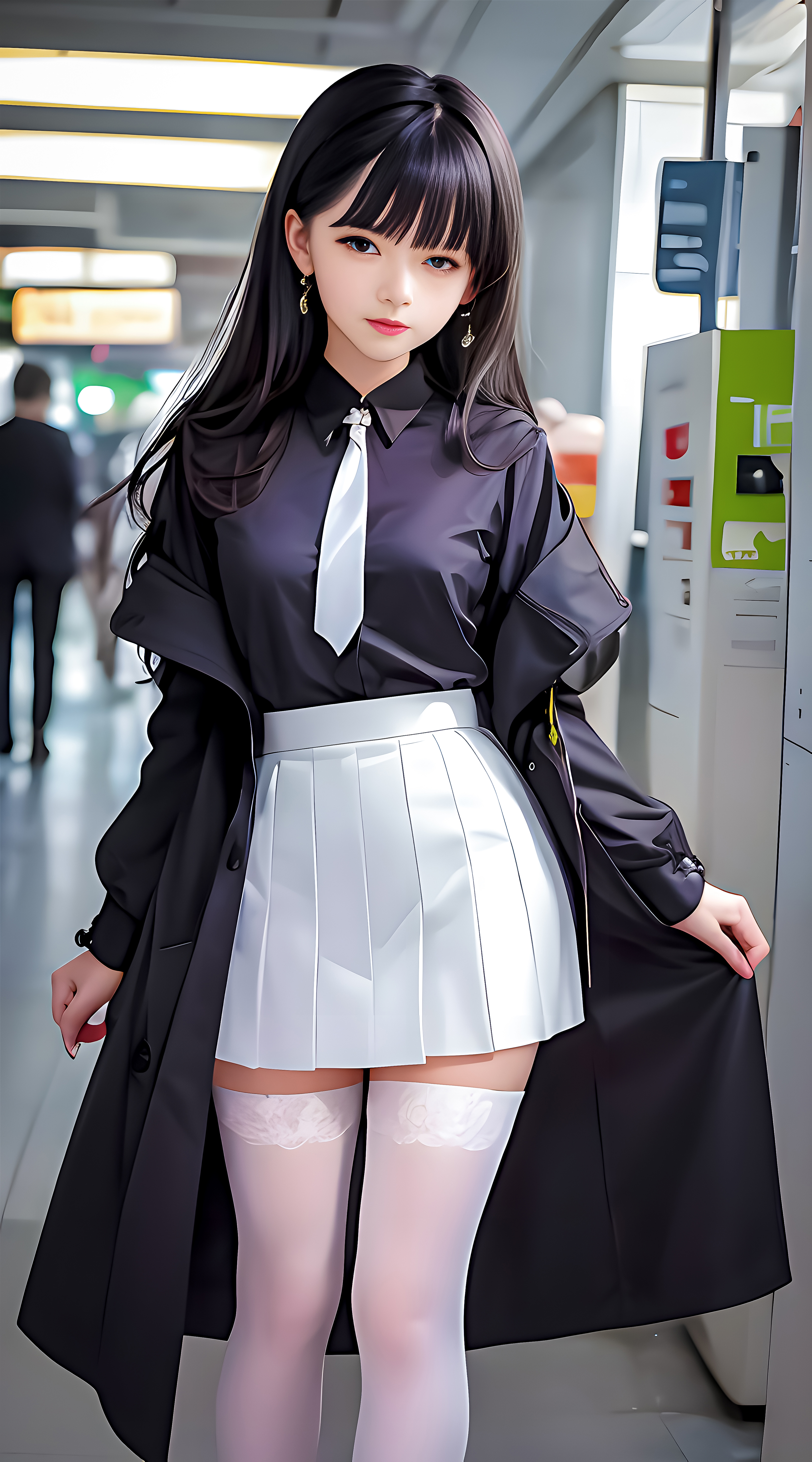Anime 3040x5472 AI art Asian women skirt stockings tie looking at viewer long hair portrait display school uniform schoolgirl