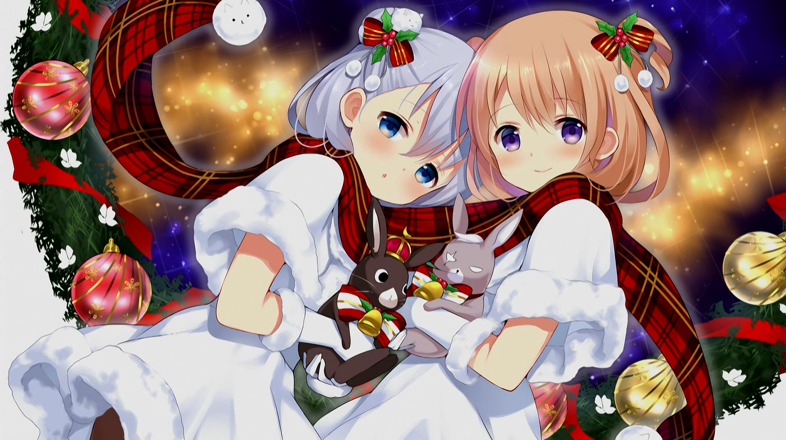 Anime 1602x898 anime anime girls Gochuumon wa Usagi Desu ka? scarf Christmas Christmas ornaments  Christmas clothes gloves looking at viewer blushing smiling bow tie