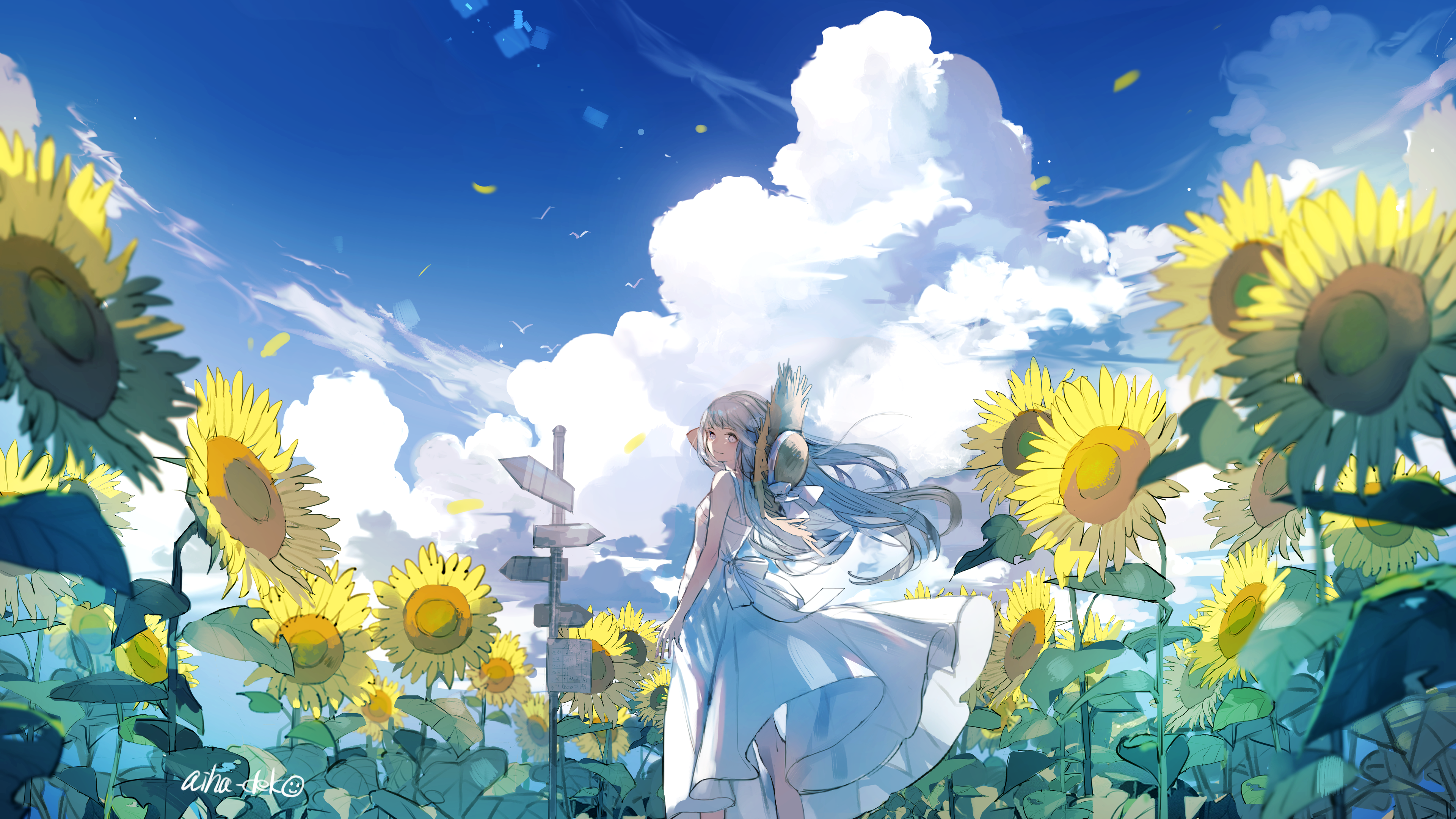 Anime 3840x2160 anime dress long hair straw hat clouds sky signature sunflowers standing looking at viewer smiling leaves smiley