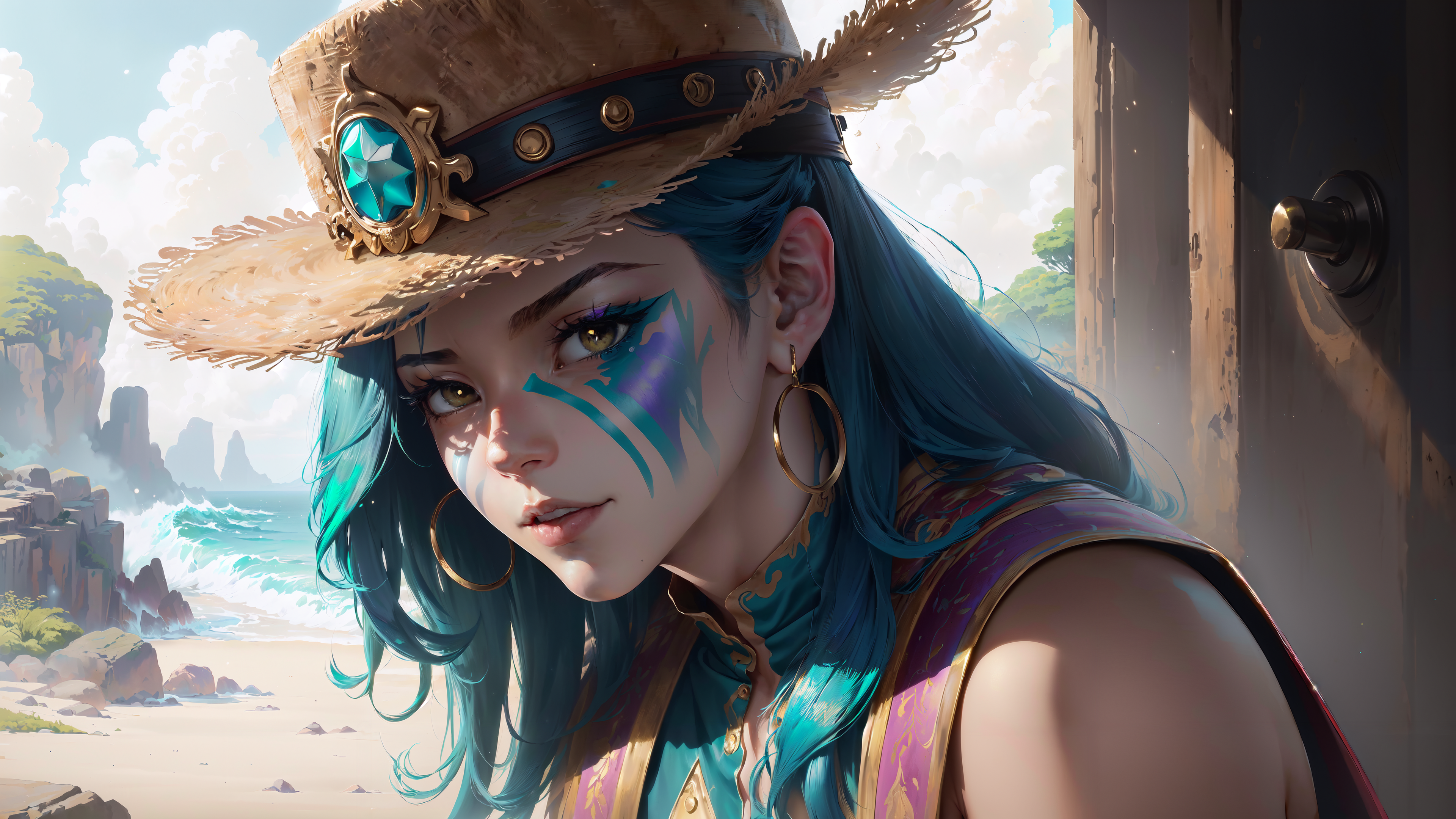 General 3840x2160 AI art aqua fashion women portrait hat colorful outdoors 4K Stable Diffusion photopea dyed hair DeviantArt straw hat Asian looking at viewer earring hoop earrings clouds sky water