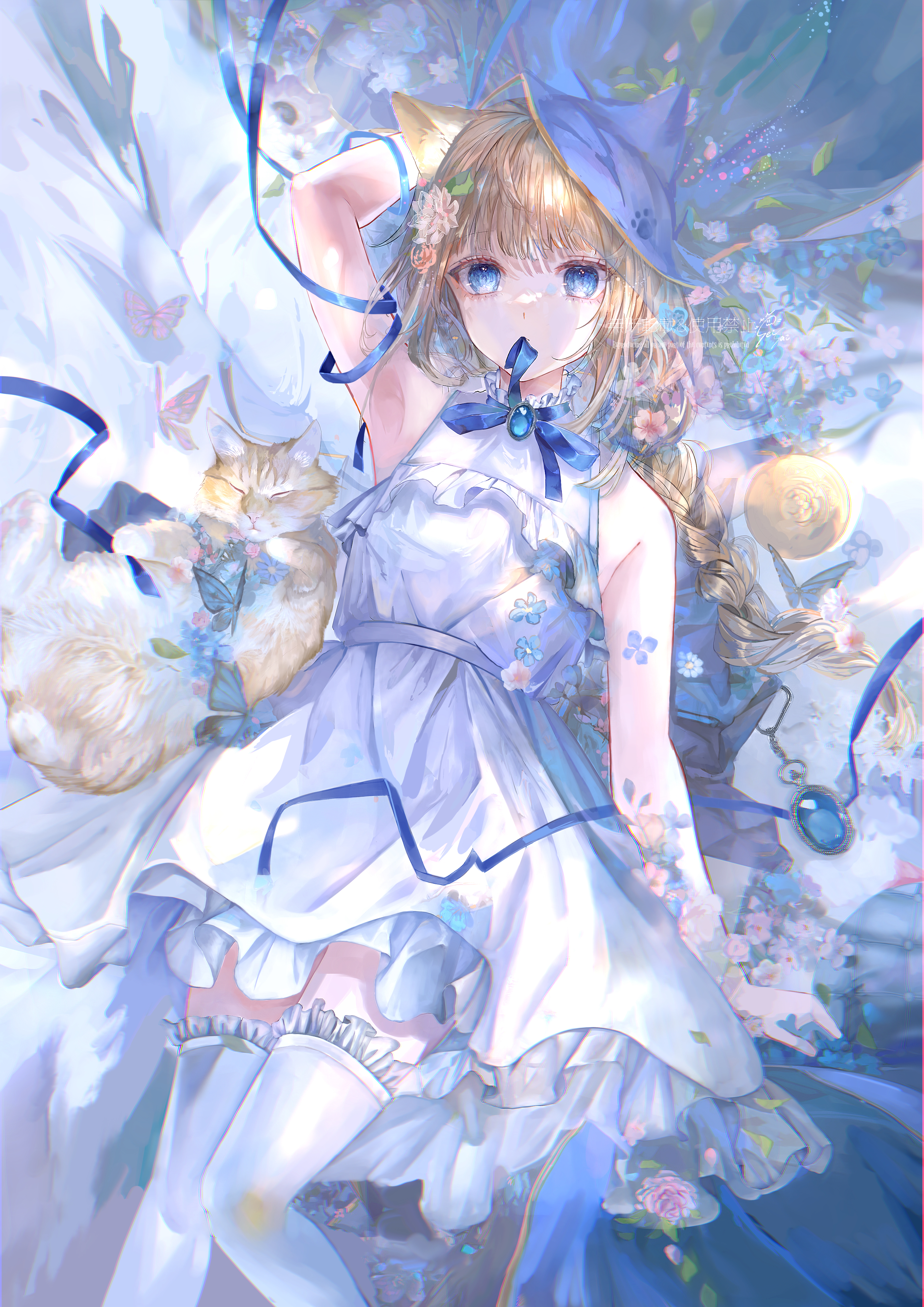 Anime 2894x4093 anime Pixiv portrait display anime girls stockings long hair cat girl cat ears braids looking at viewer bow tie lying on back lying down blonde blue eyes flowers armpits butterfly