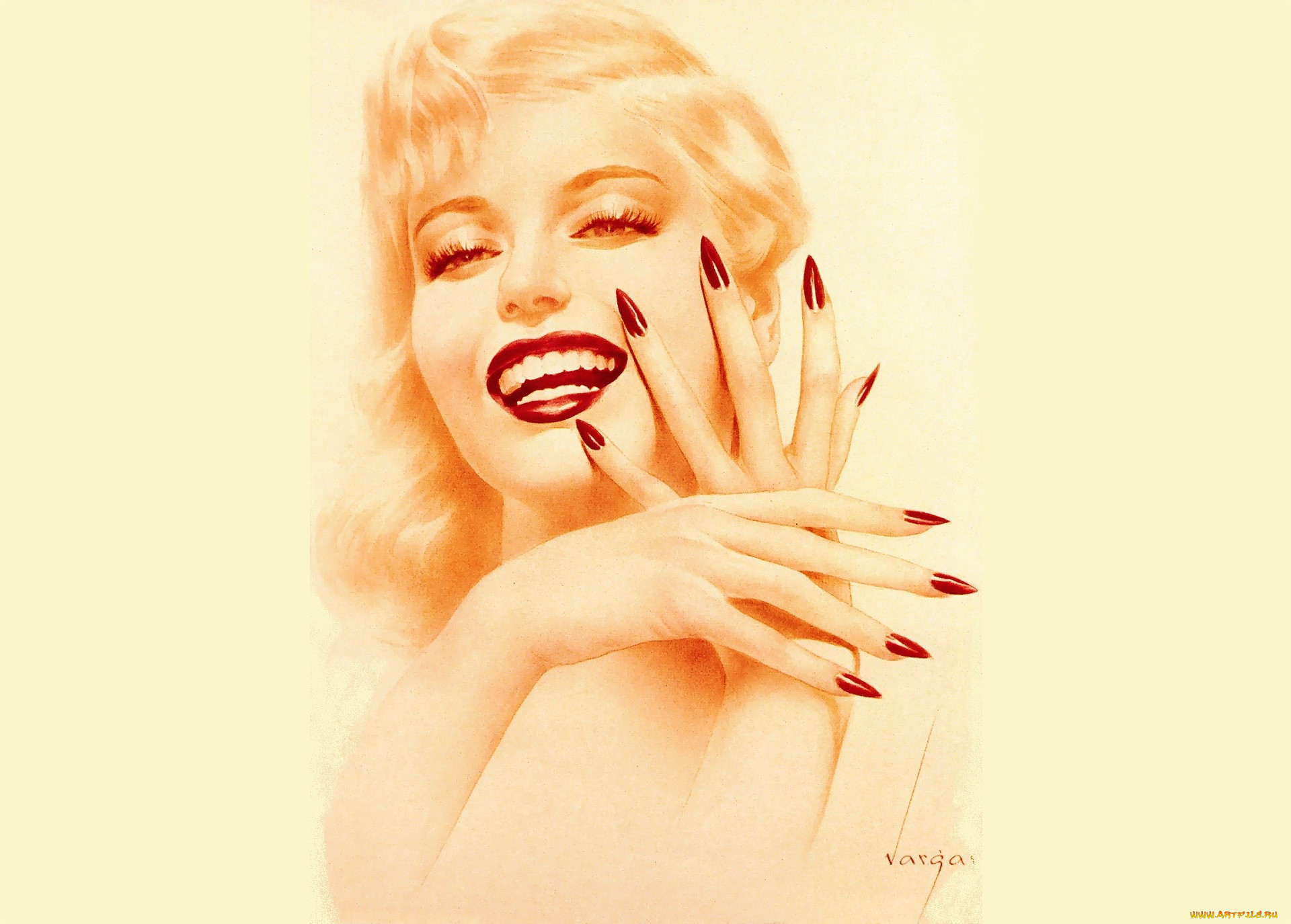 General 1920x1375 artwork women face portrait blonde beige background red nails painted nails lipstick Alberto Vargas digital art watermarked simple background