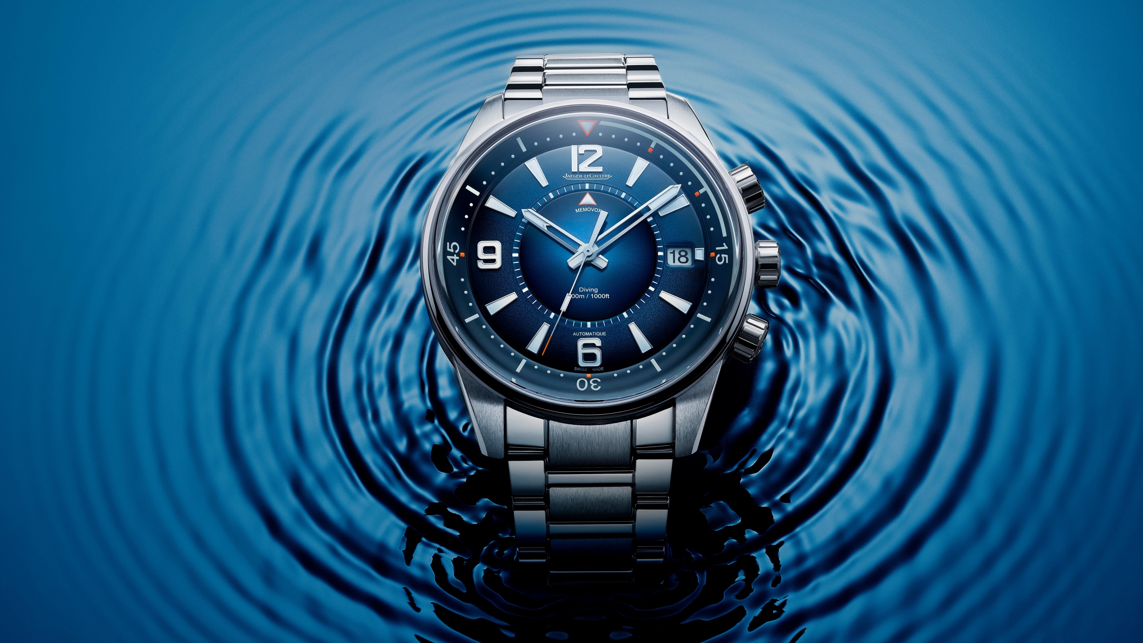 General 3840x2160 Jaeger LeCoultre watch technology numbers luxury watches wristwatch blue background closeup digital art water ripples ripples minimalism time