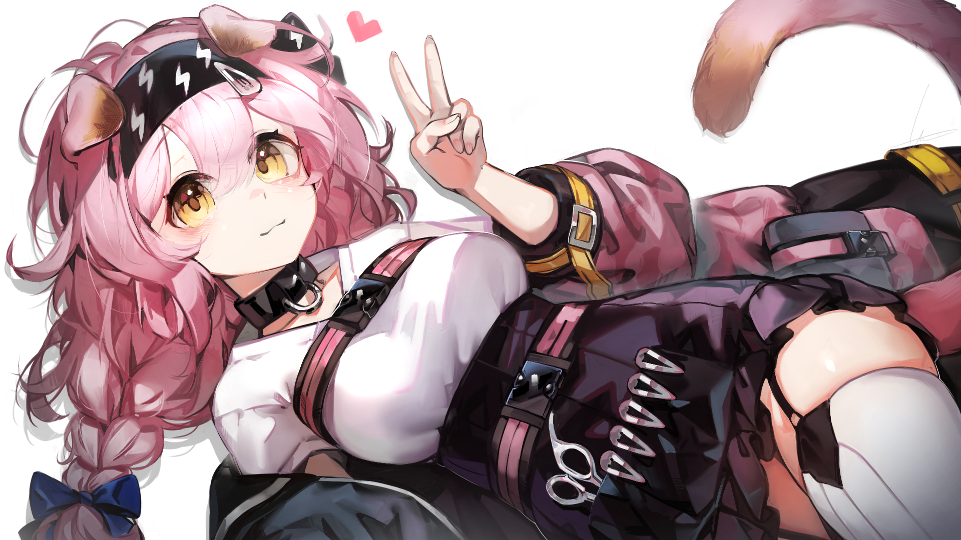 Anime 1920x1080 Goldenglow (Arknights) lying down anime girls Arknights peace sign pink hair animal ears tail yellow eyes scissors WaterSnake (artist)