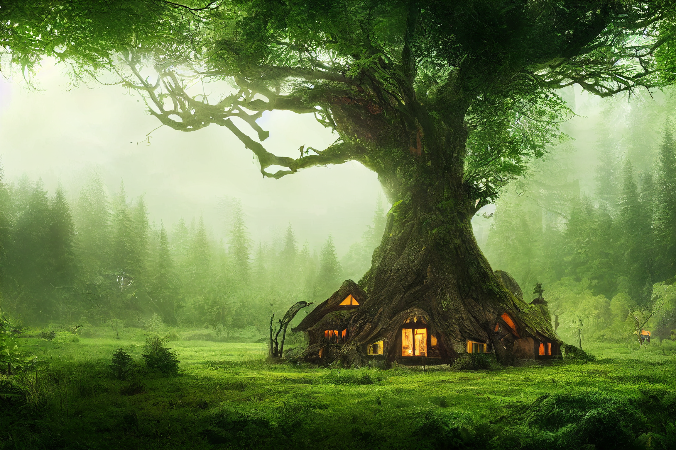 General 2304x1536 tree house magic forest trees nature green AI art