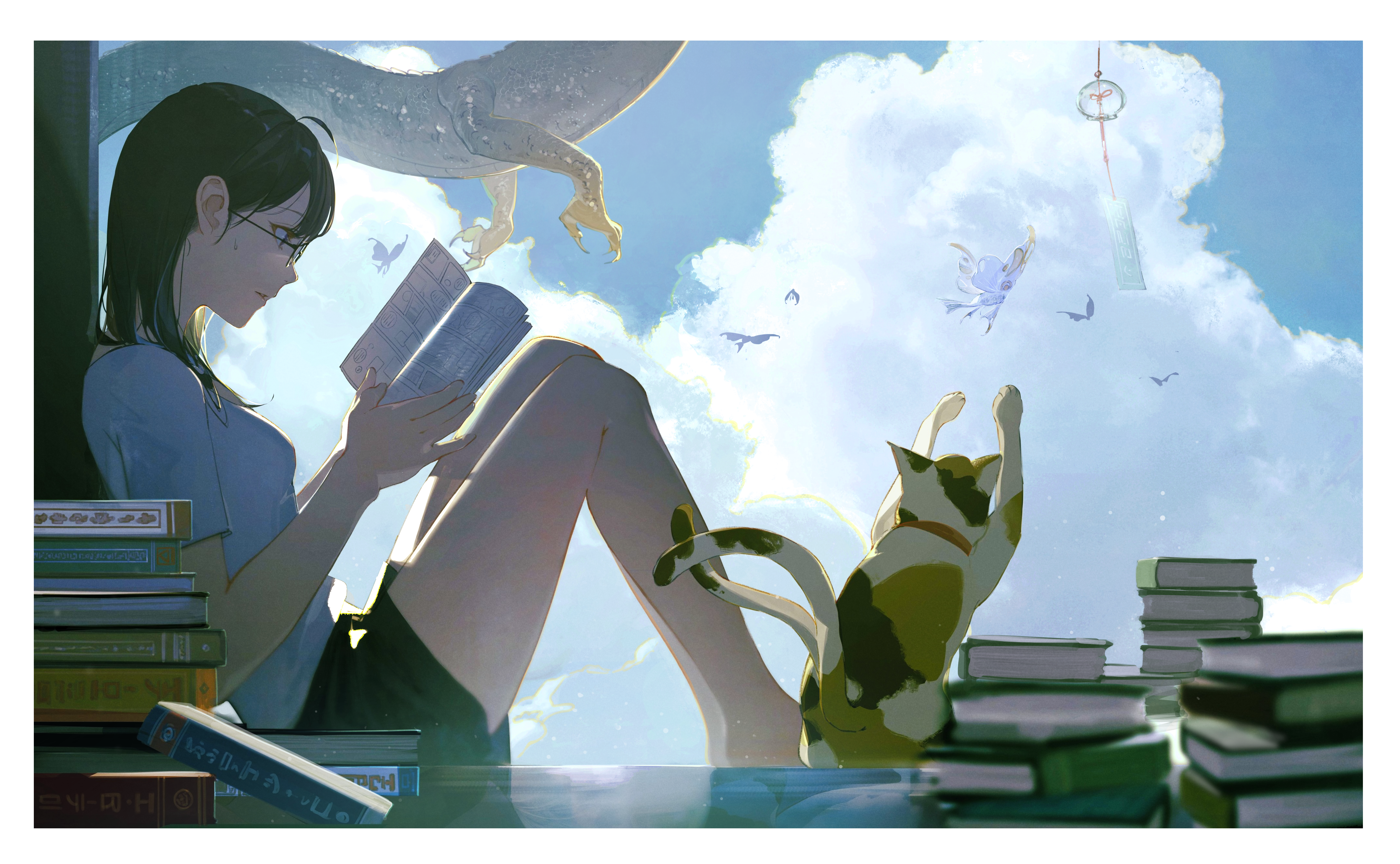 Anime 6002x3706 cats sky books glasses anime girls animals