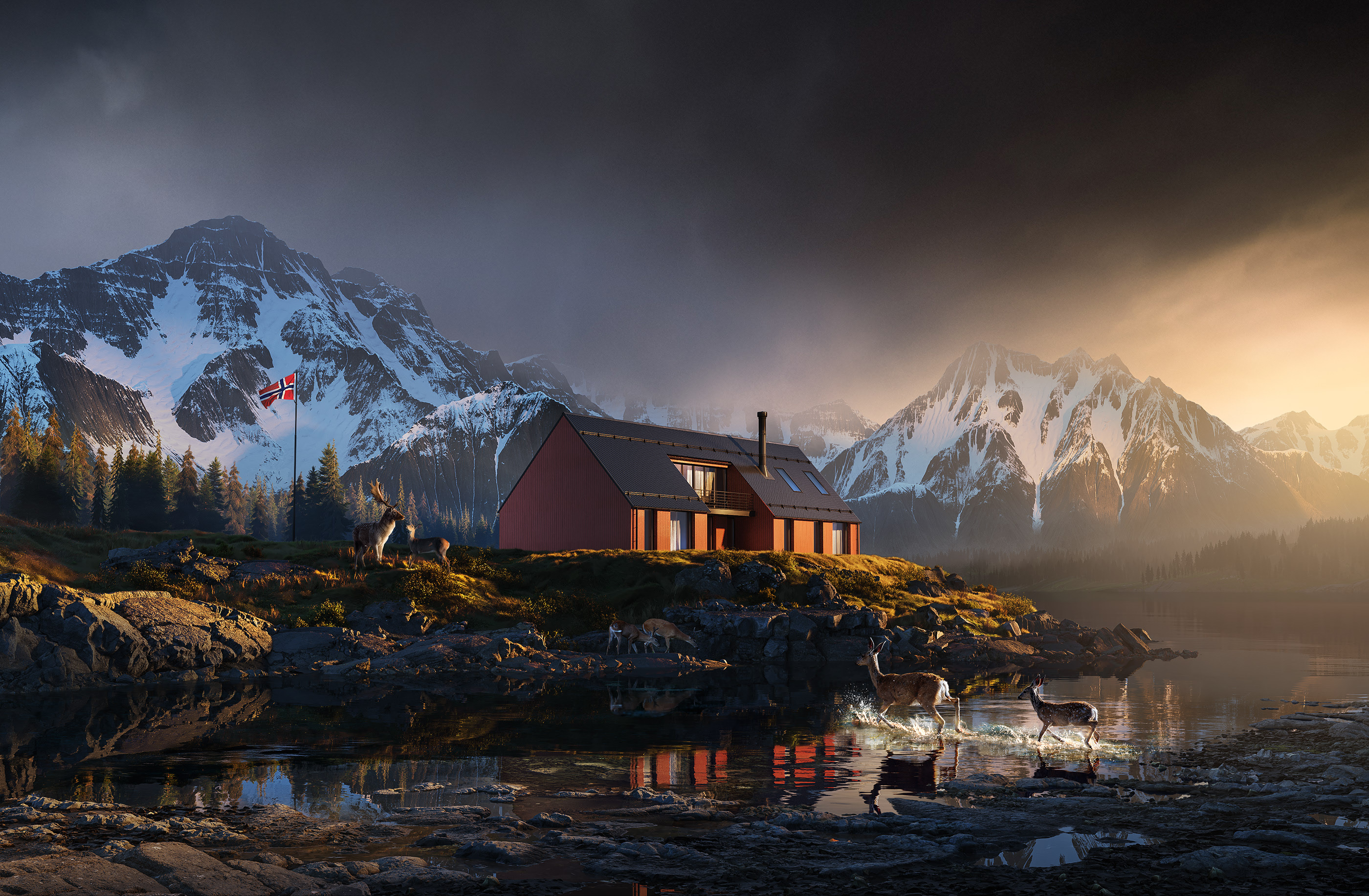 General 2800x1833 Norway Europe digital art artwork landscape mountains snow lake house reflection CGI deer forest