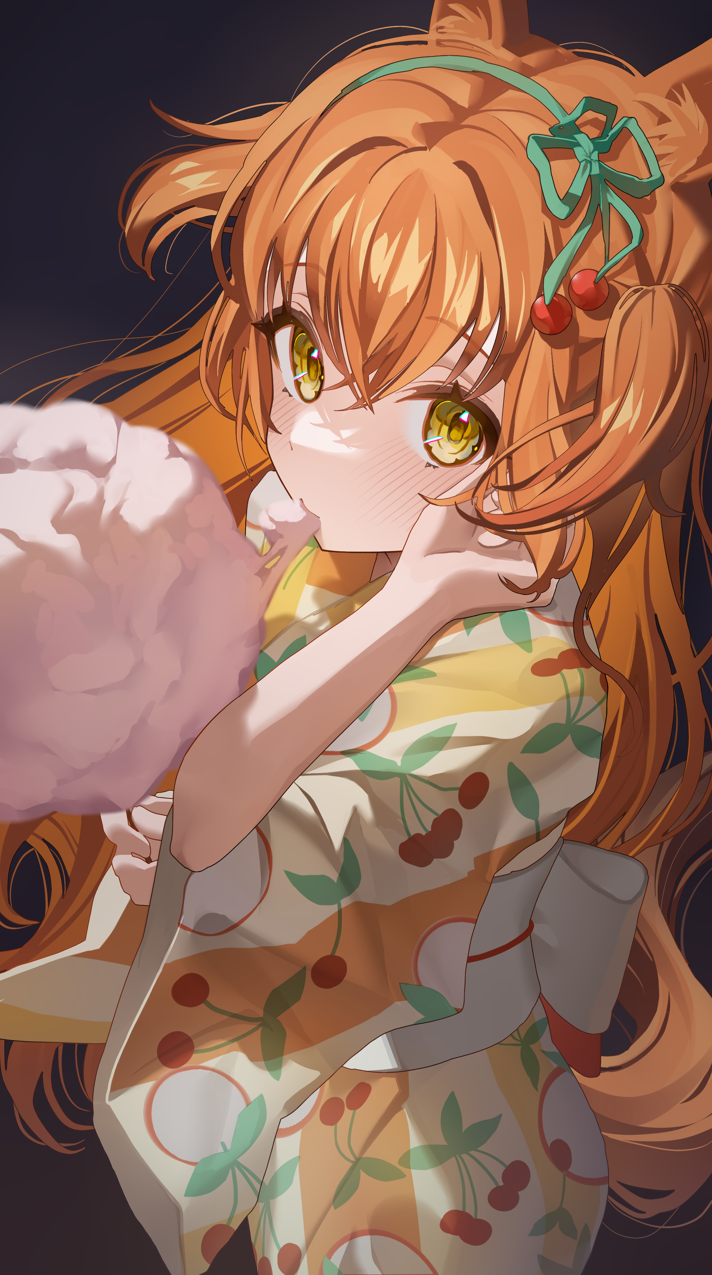 Anime 2281x4084 anime anime girls redhead yellow eyes cotton candy eating sweets animal ears tail