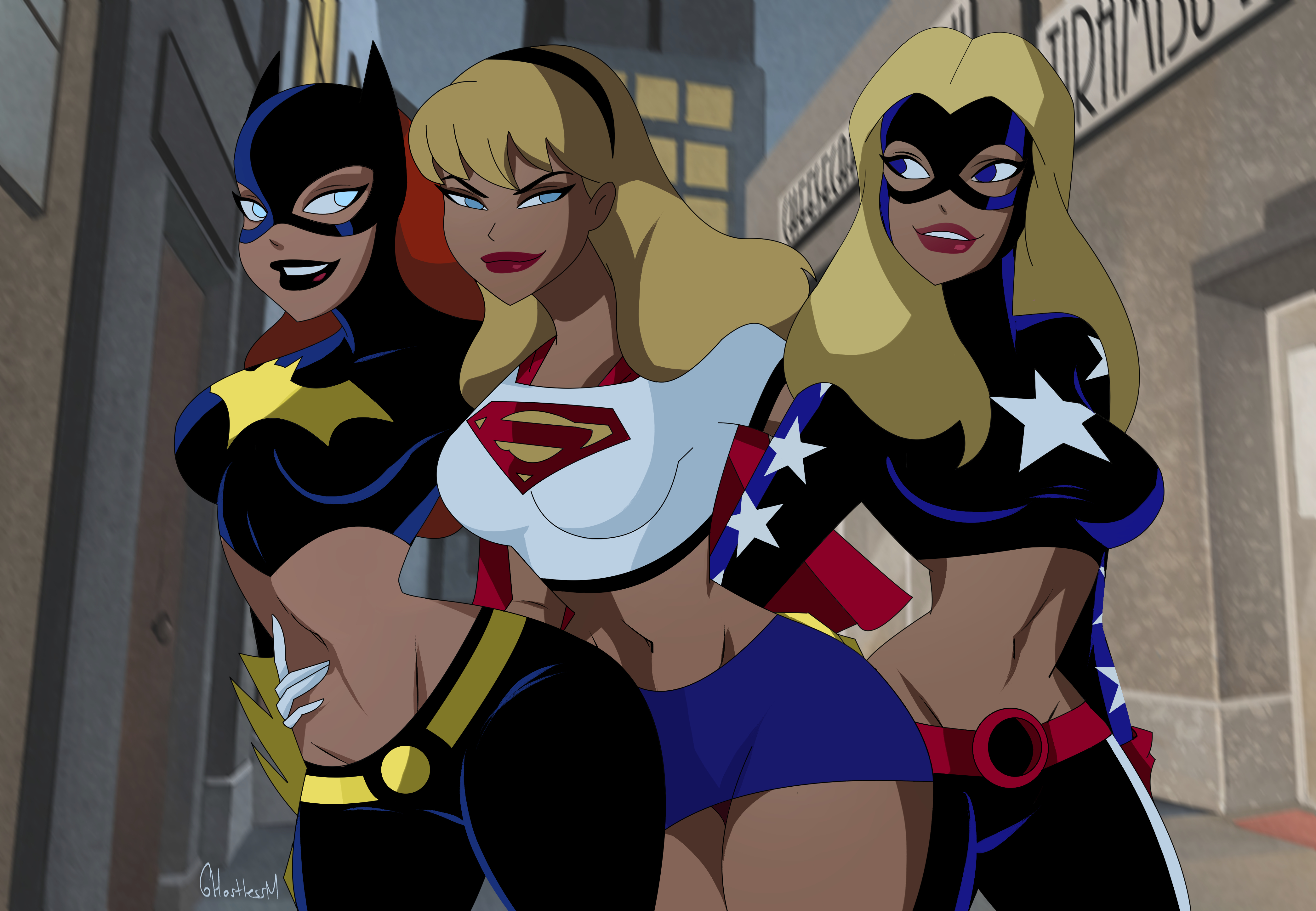 General 4179x2894 DC Comics Batgirl Supergirl Stargirl women trio pinup models comic art blonde redhead belly button big boobs GhostlessM superheroines superhero cartoon mask