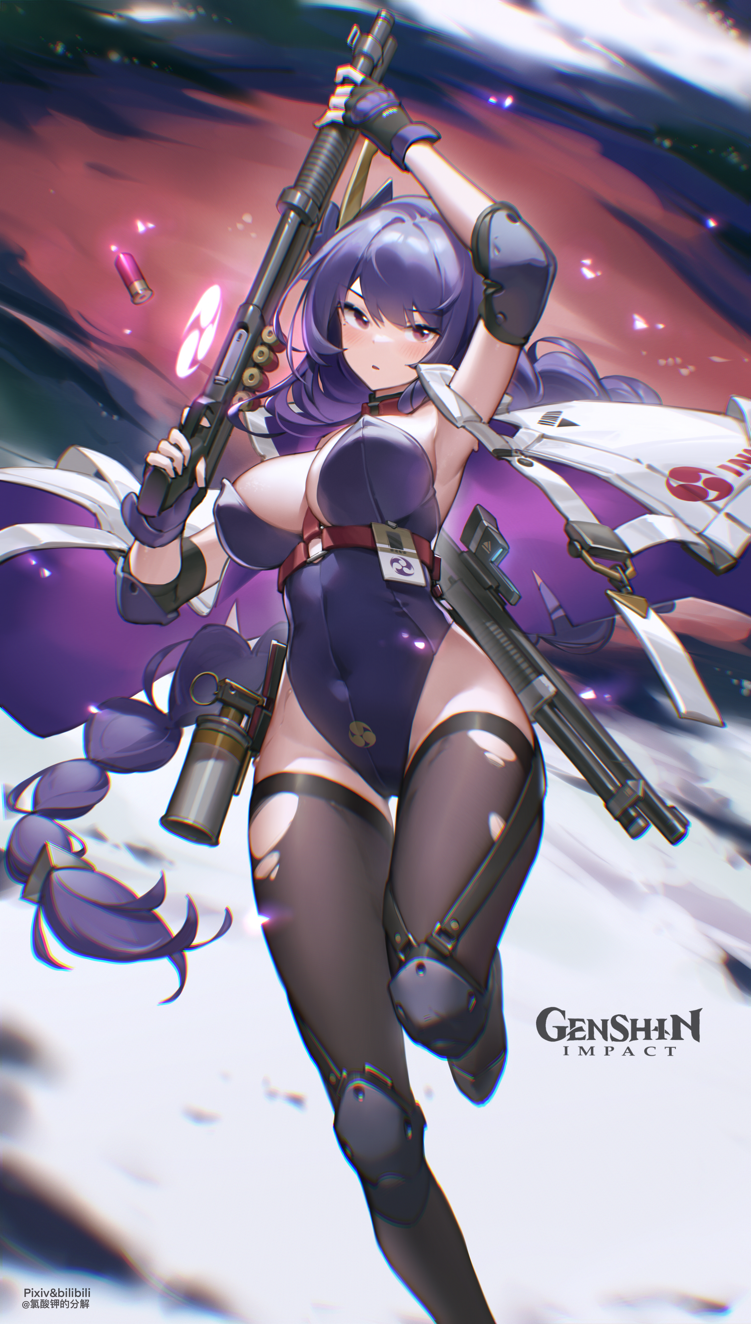 Anime 2945x5190 leotard Raiden Shogun (Genshin Impact) Genshin Impact anime girls purple eyes purple hair gun girls with guns BKclo3