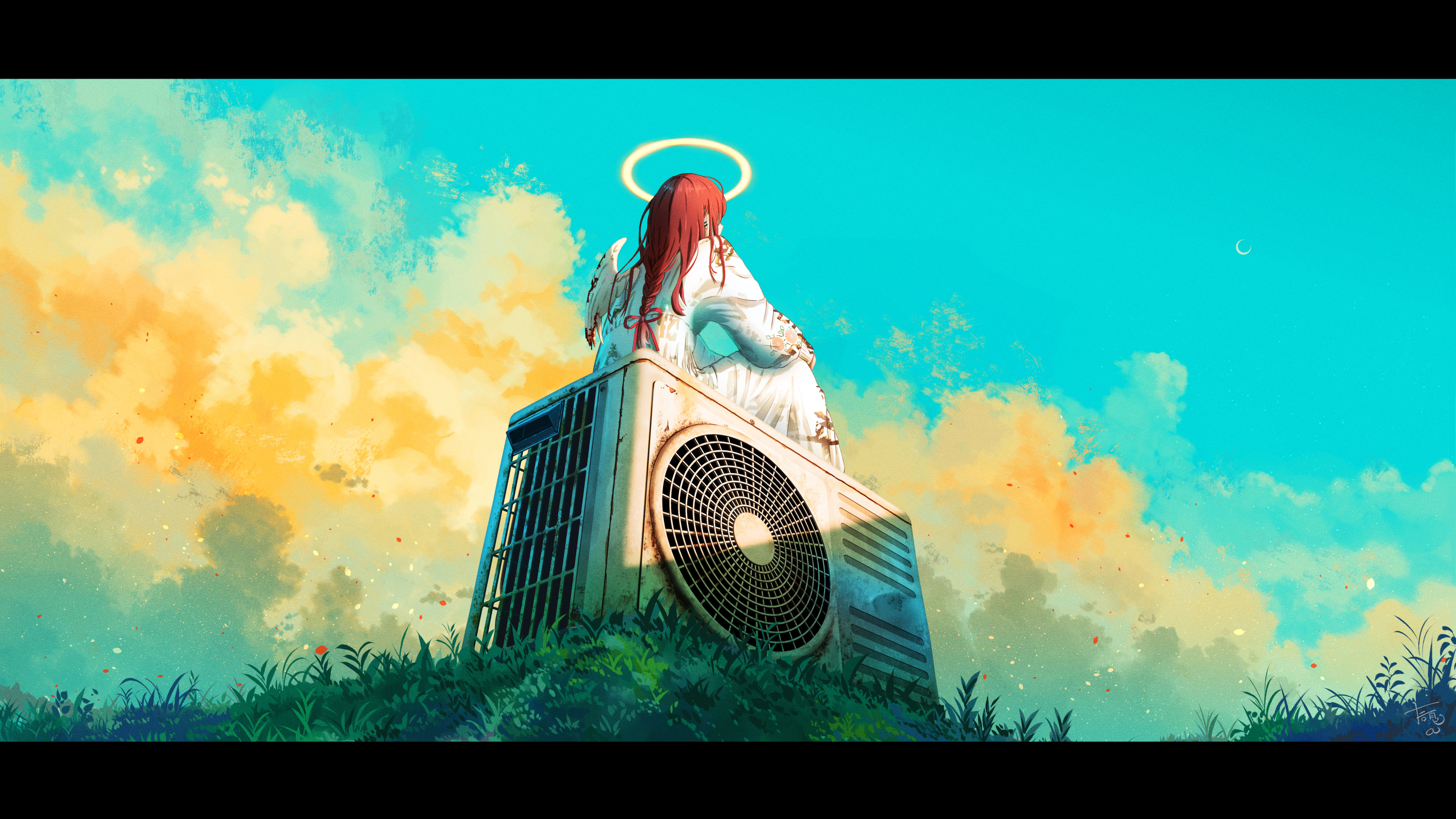 Anime 3000x1688 anime anime girls wings air conditioning clouds grass Moon sky sitting Shuu Illust