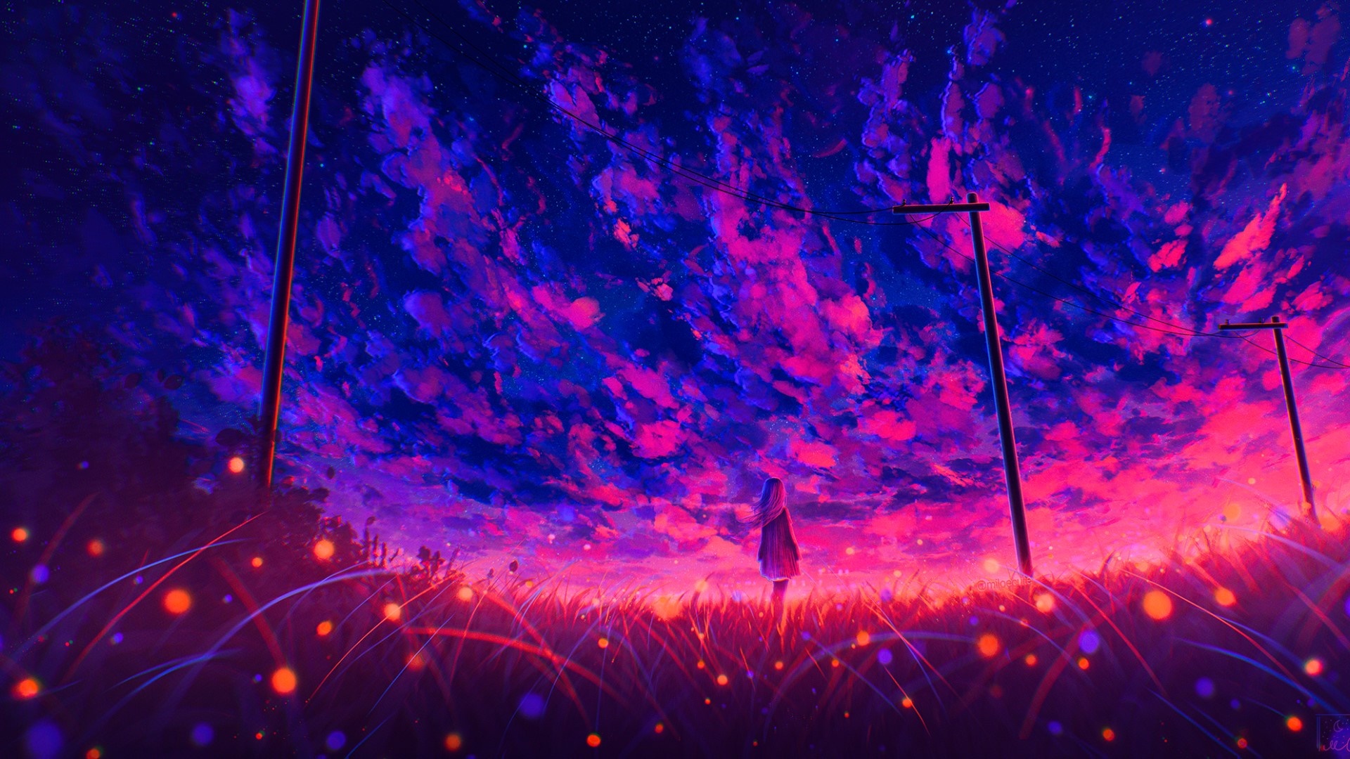 Anime 1920x1080 Elizabeth Miloecute grass sunset women outdoors sky clouds