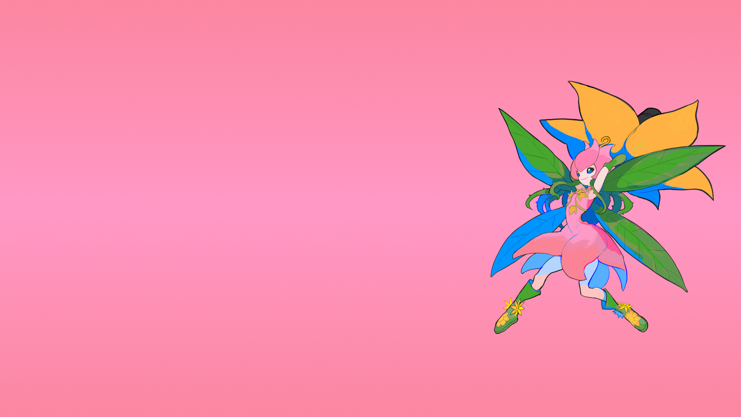 Anime 2560x1440 anime girls simple background Digimon Adventure Digimon Lillymon (Digimon) flowers pink background skirt boots fictional character blue eyes fairies wings plants fictional creatures vines thorns leaves