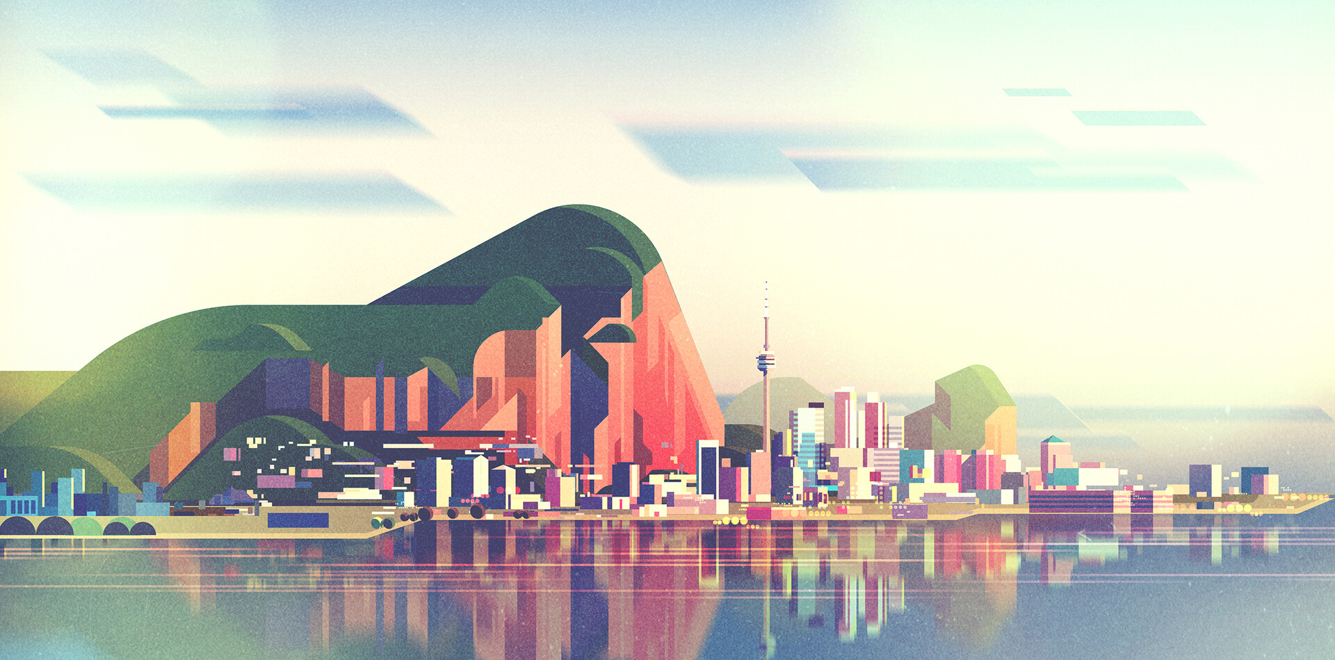 General 1920x949 city building skyscraper tower mountain view clouds water reflection James Gilleard
