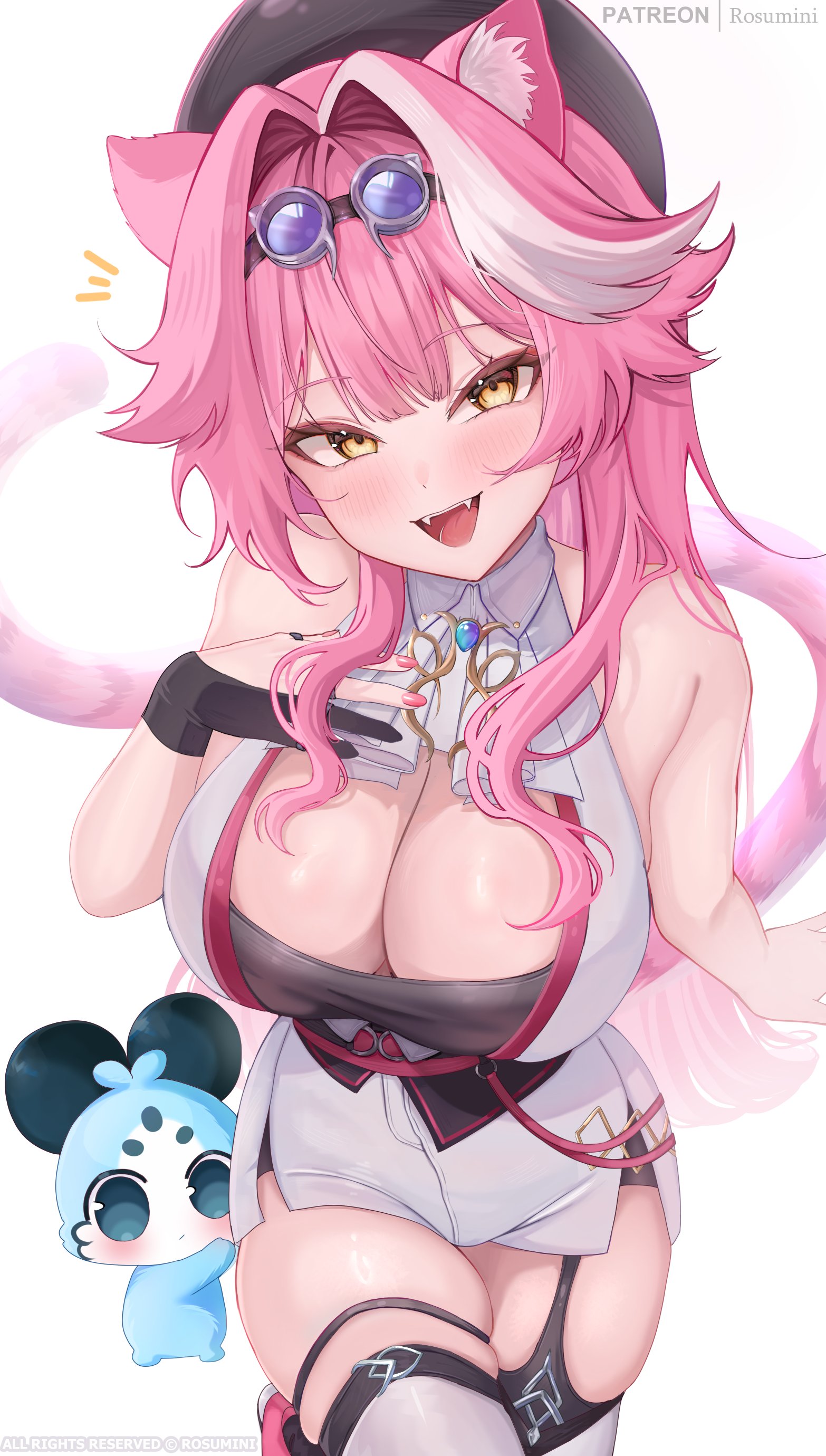 Anime 1566x2760 anime anime girls Virtual Youtuber Hololive Raora Panthera rosumini painted nails pink nails cleavage big boobs pink hair yellow eyes animal ears tail cat girl cat tail cat ears open mouth hat white background thighs thigh-highs blushing portrait display looking at viewer
