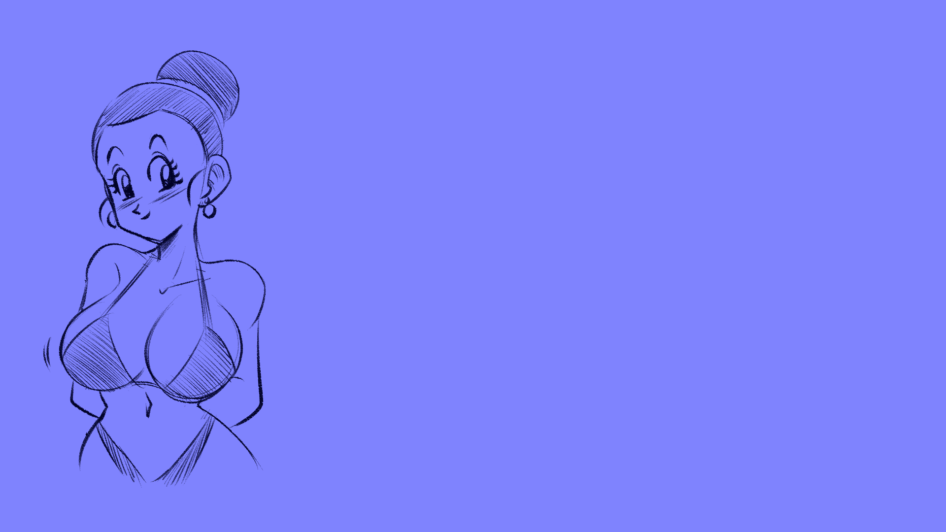 Anime 1920x1080 Chi-Chi Dragon Ball Dragon Ball Z hairbun minimalism sketches bikini boobs big boobs anime girls earring bare shoulders belly button blushing arm(s) behind back smiling hips wide hips straps bra straps monochrome blue background simple background