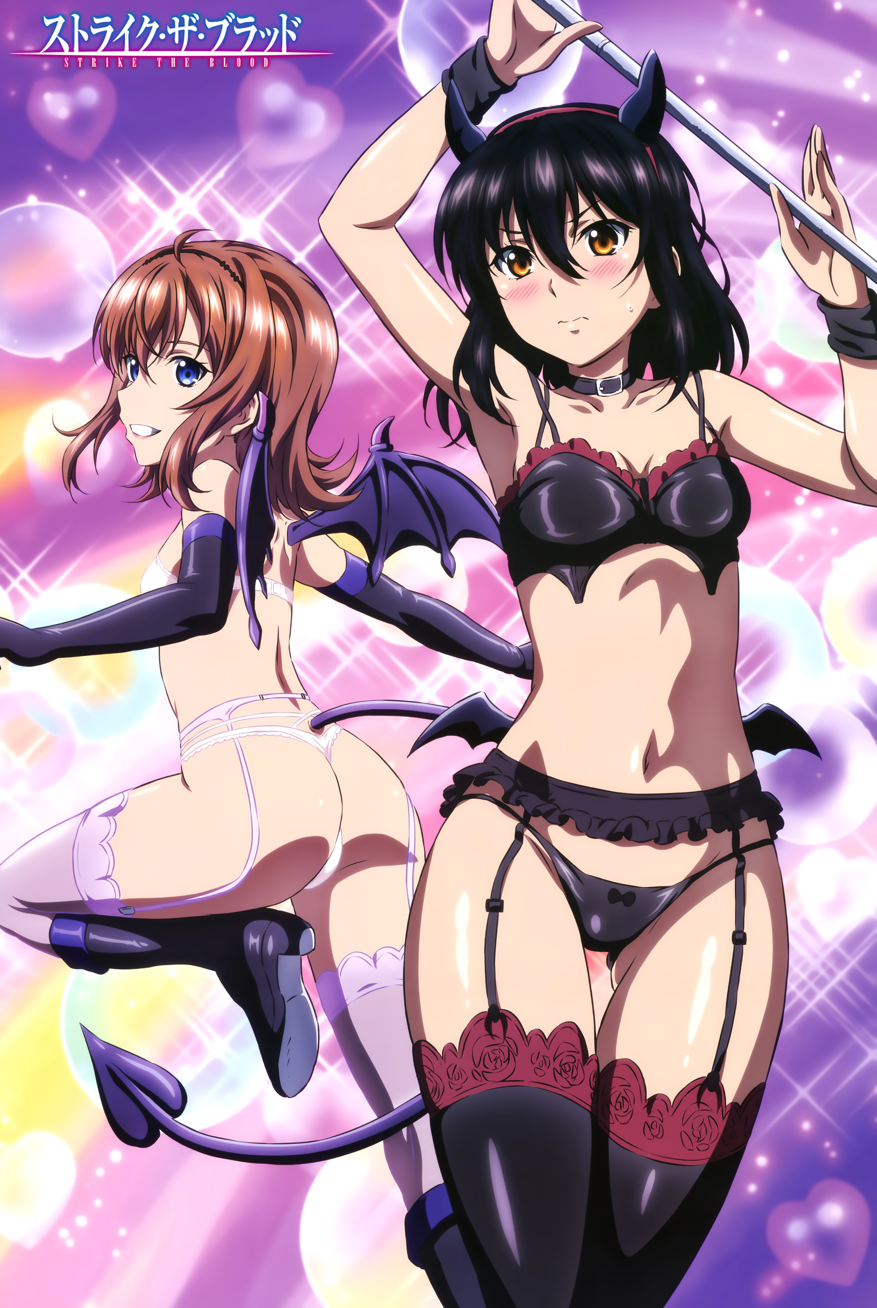 Anime 1717x2560 anime anime girls Strike the Blood Himeragi Yukina Eguchi Yume two women short hair brunette black hair blushing ass lingerie black lingerie bra top panties small boobs thighs together bare shoulders armpits belly button cleavage horns black stockings tail thighs bat wings