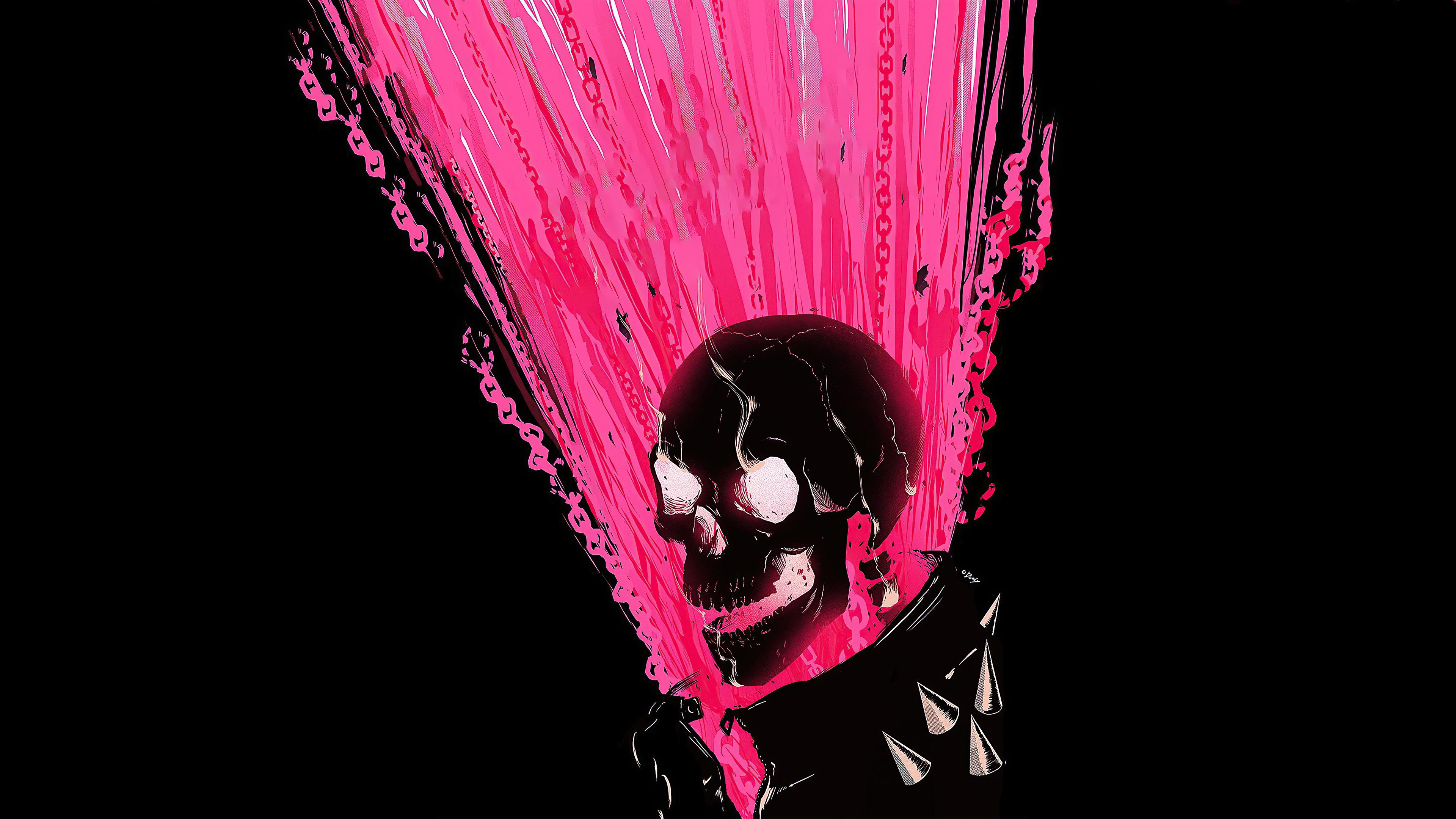 General 3840x2160 digital art artwork illustration skull black background minimalism pink Ghost Rider 4K Marvel Comics chains