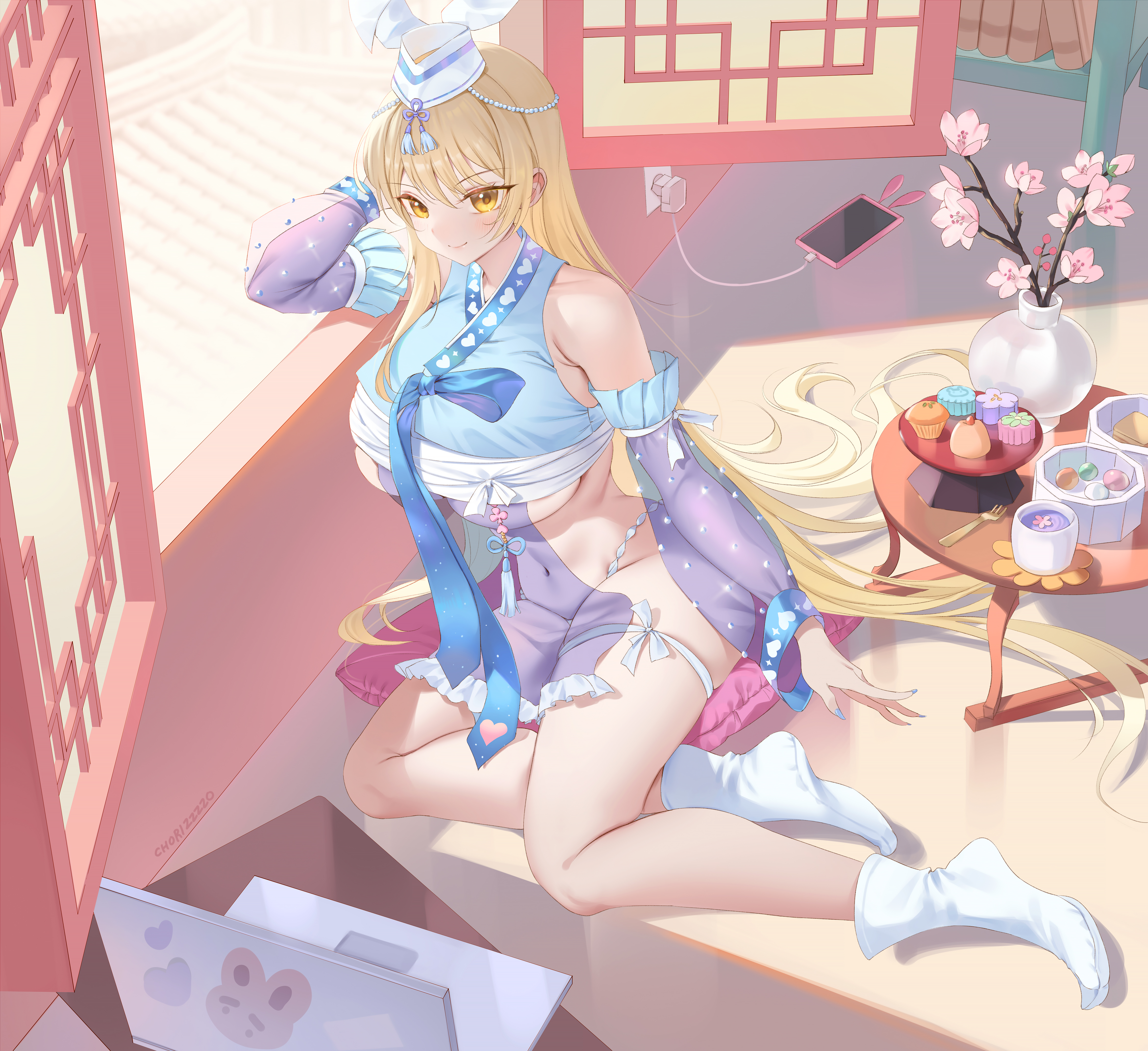 Anime 4500x4120 Pixiv anime anime girls big boobs Zzo hair between eyes bare shoulders sitting yellow eyes blonde thigh strap power socket phone table laptop closed mouth blushing smiling detached sleeves blue nails painted nails sweets tassels legs by the window charger fork flowers tie cushions long hair one arm up heart (design)