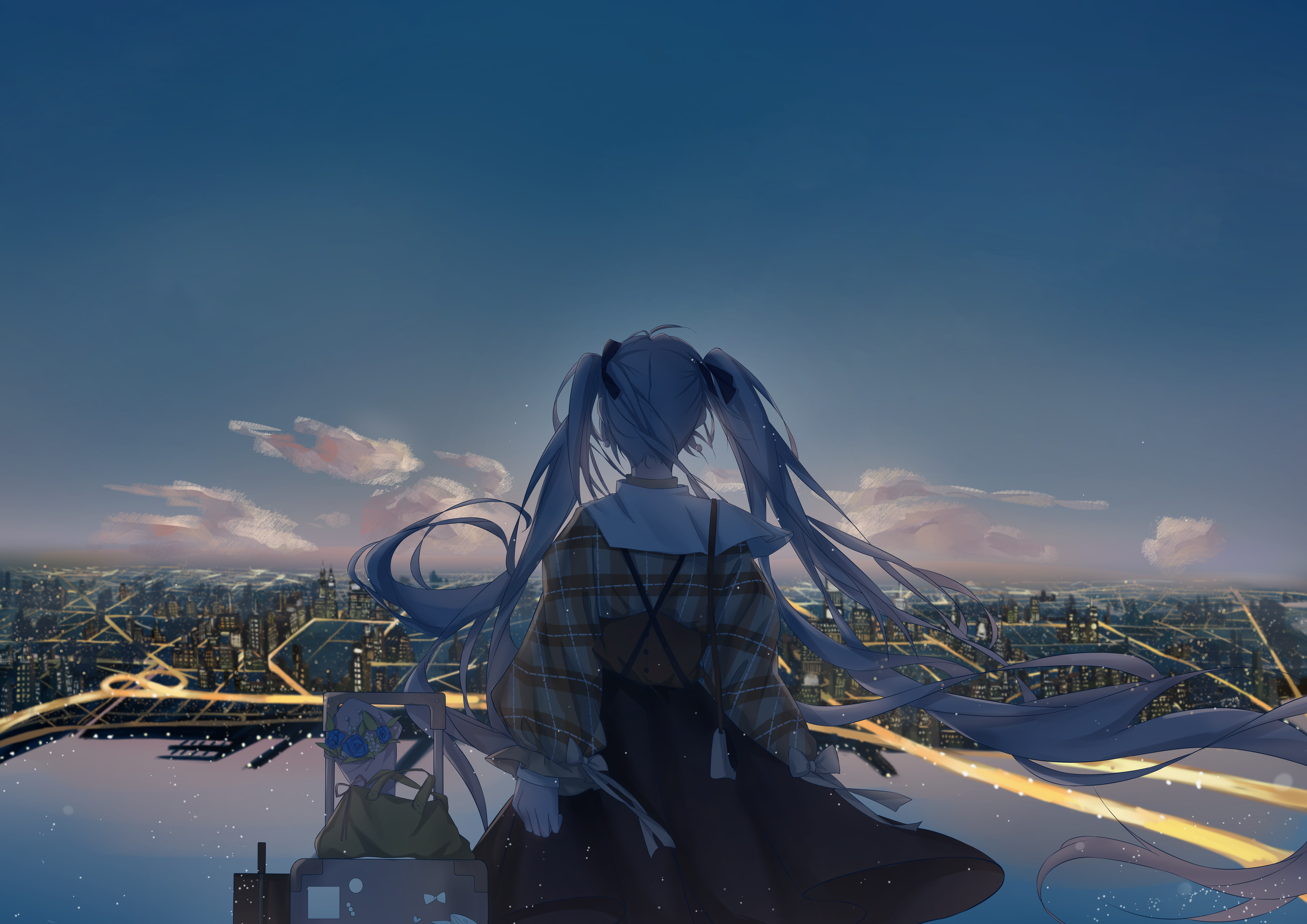 Anime 7016x4961 anime anime girls landscape standing xiangwan Hatsune Miku Vocaloid long hair looking into the distance sky looking away hair ribbon cityscape city twintails clouds luggage flowers hair blowing in the wind wind