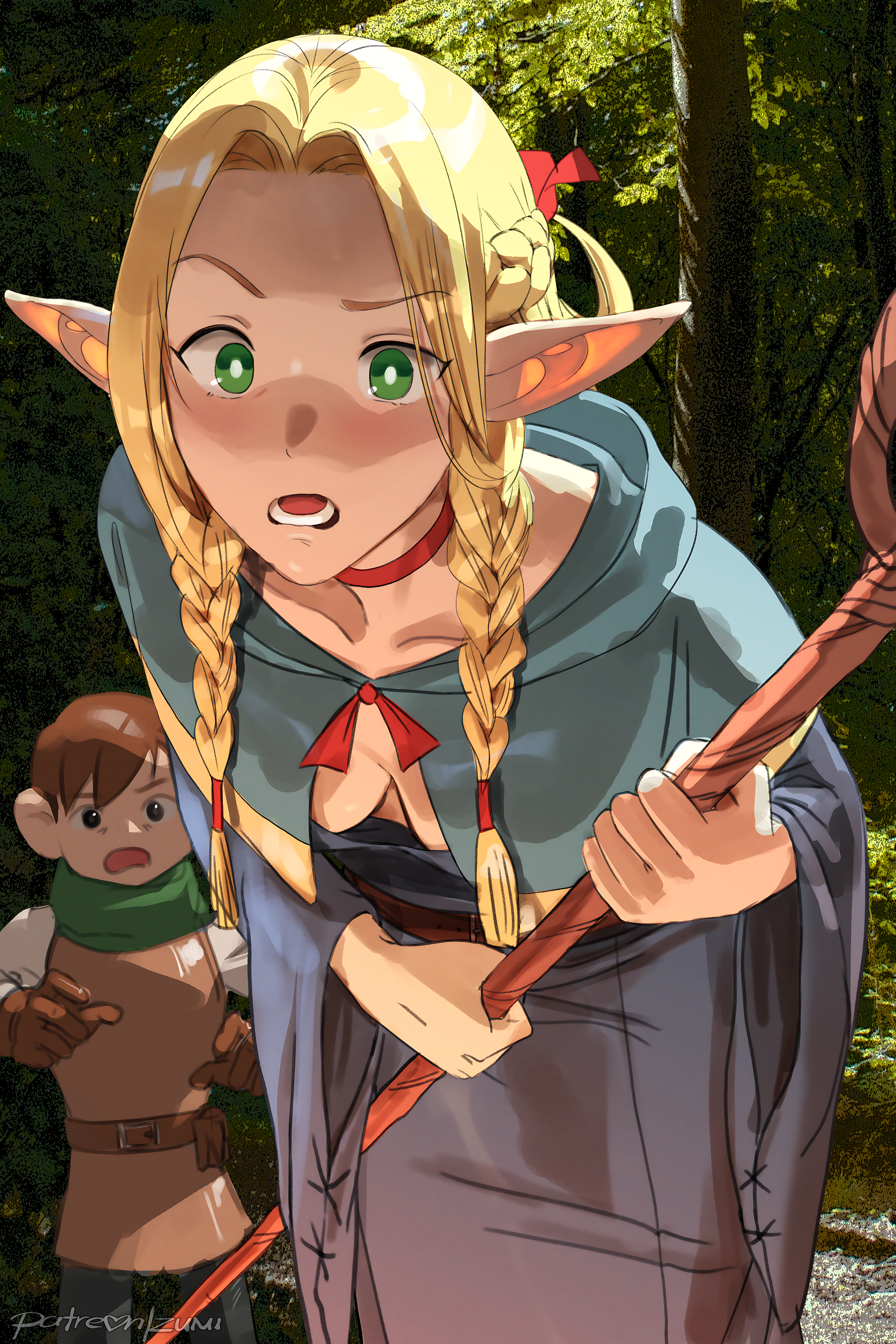 Anime 2339x3508 Marcille Donato Delicious in Dungeon anime anime girls blonde pointy ears braids artwork drawing fan art Zumi elves staff portrait display standing collarbone open mouth looking at viewer twintails long hair signature trees choker teeth leaning sunlight green eyes anime boys wide sleeves long sleeves