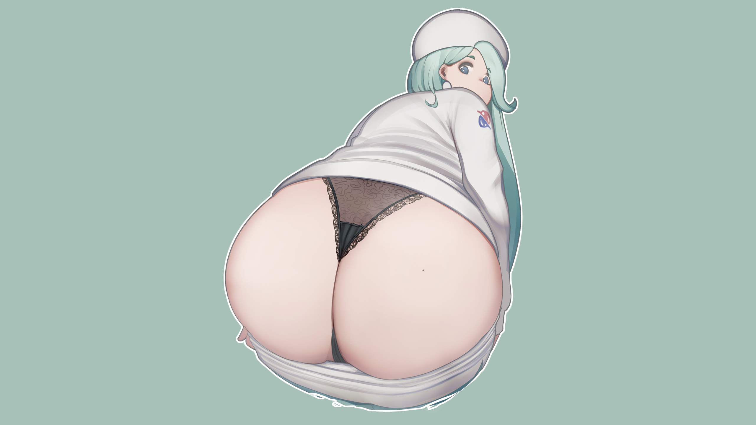 Anime 2560x1440 anime anime girls ecchi simple background Pokémon Pokemon Sword Melony looking at viewer bent over thick thigh thick ass thighs panties black panties lingerie underwear Thing undressing mole on ass curvy Mmmmmkun minimalism ass looking over shoulder earring long hair
