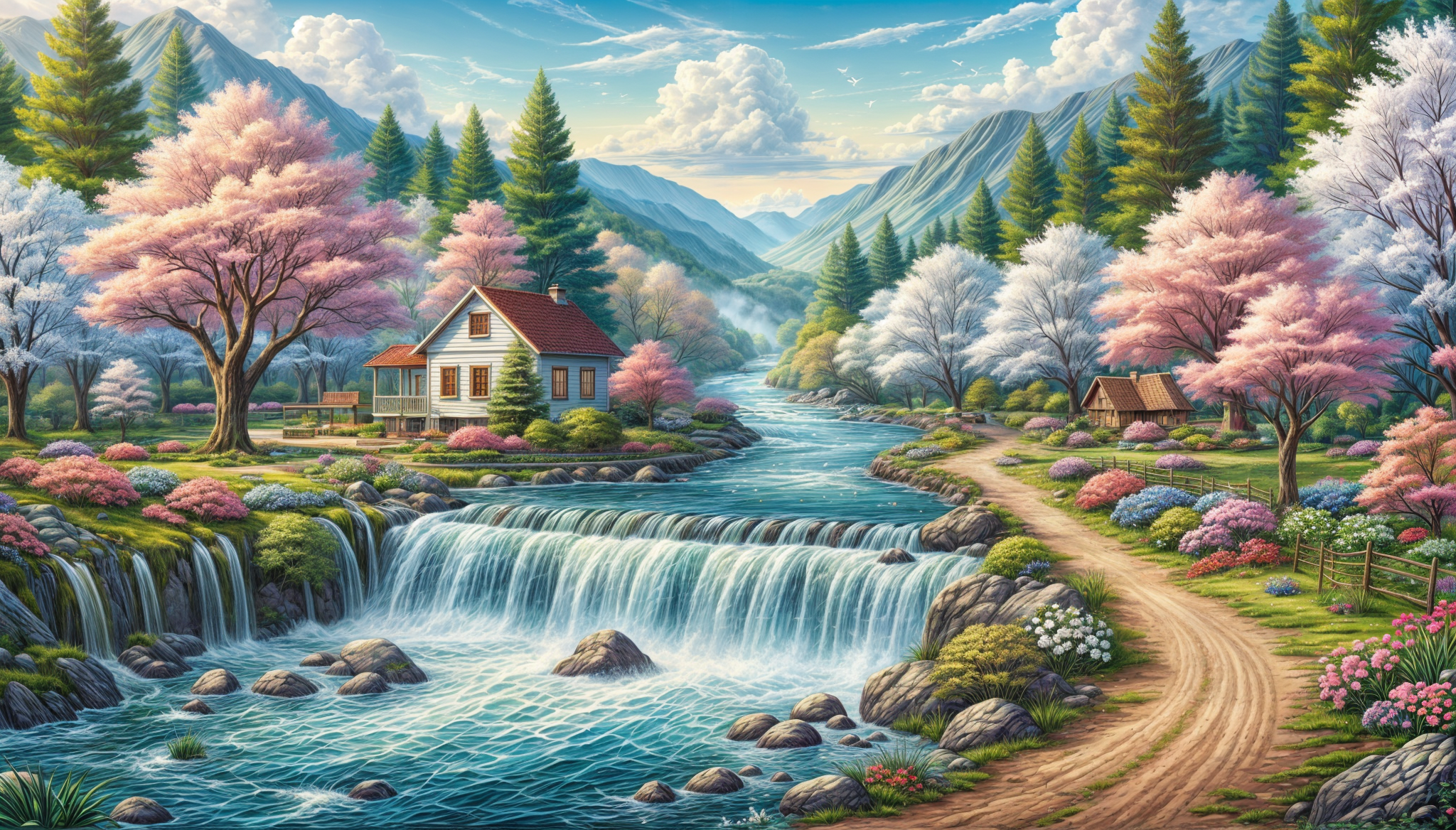 General 2048x1168 forest house AI art path trees water waterfall sunlight rocks mountains sky flowers river nature