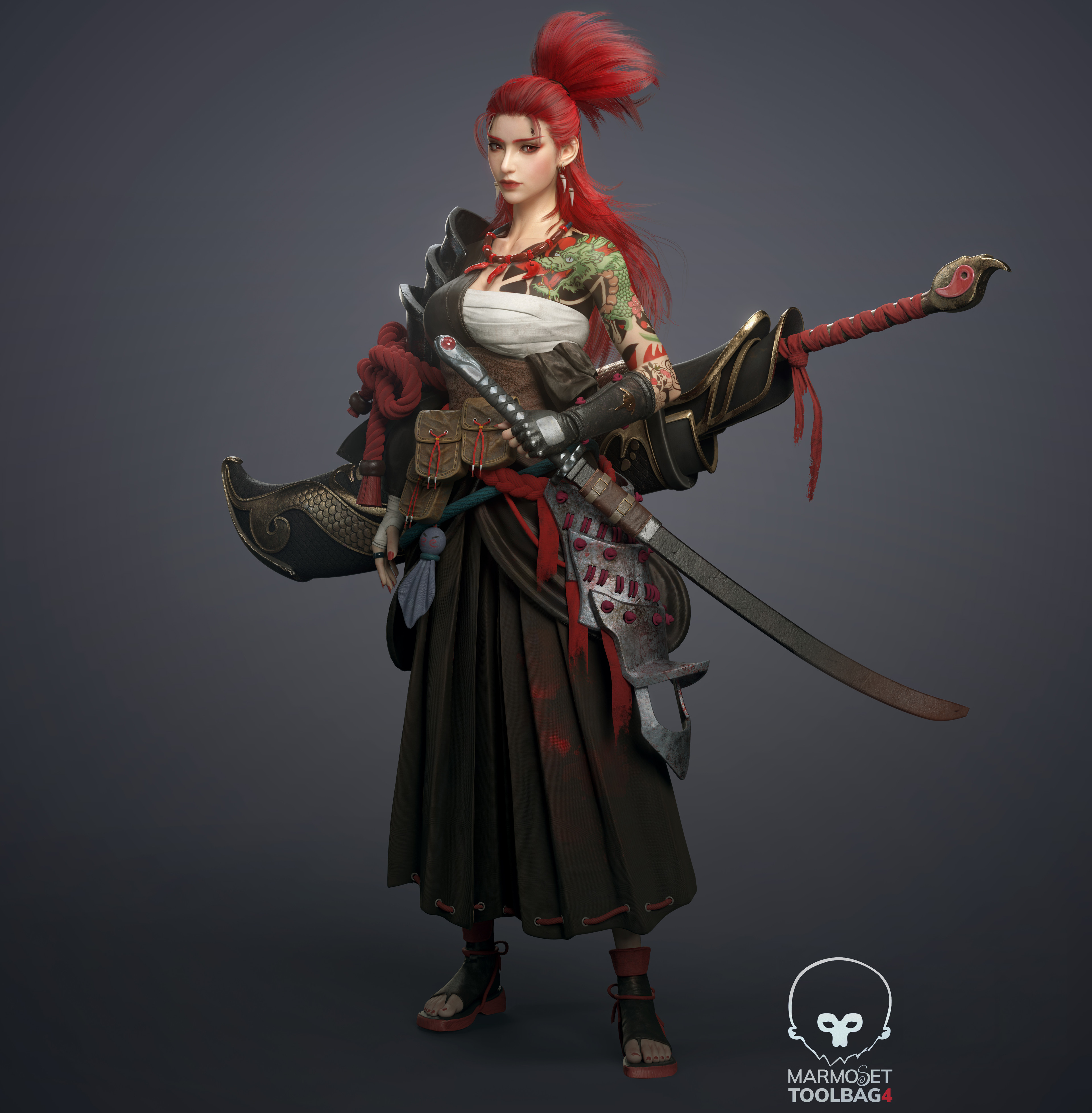 General 3840x3913 Bian Jianbin CGI weapon redhead tattoo simple background digital art standing watermarked long hair one bare shoulder women sword women with swords red eyes earring skirt fingerless gloves gloves ropes rings closed mouth