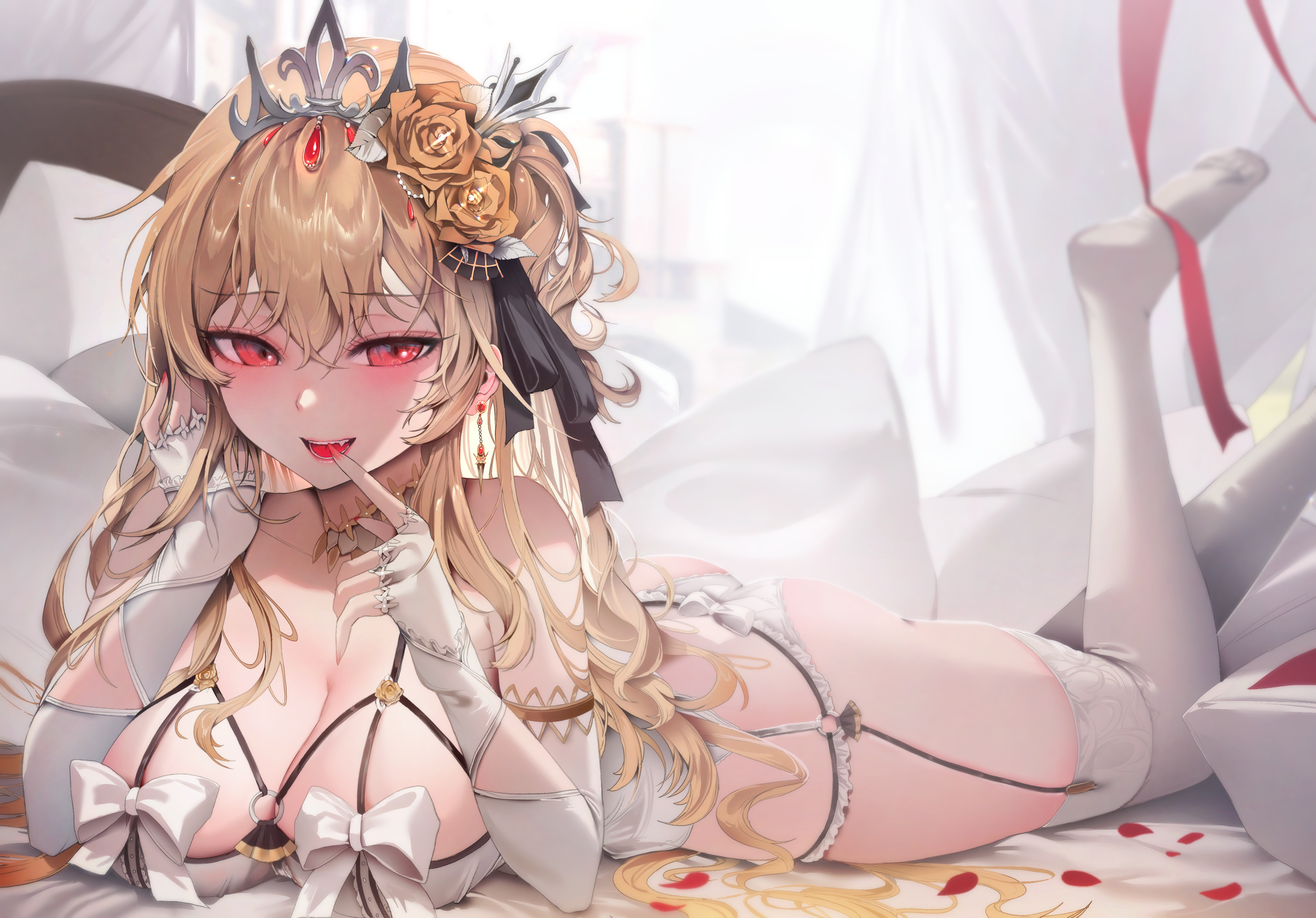 Anime 3700x2581 Pixiv anime girls blushing Zerocat lying down lying on front hair between eyes smiling looking at viewer stockings white stockings cleavage collarbone gloves elbow gloves white gloves hair ornament tiaras feet in the air petals bright pillow ass blonde red eyes flower in hair huge breasts anime garter straps ribbon bow tie earring long hair