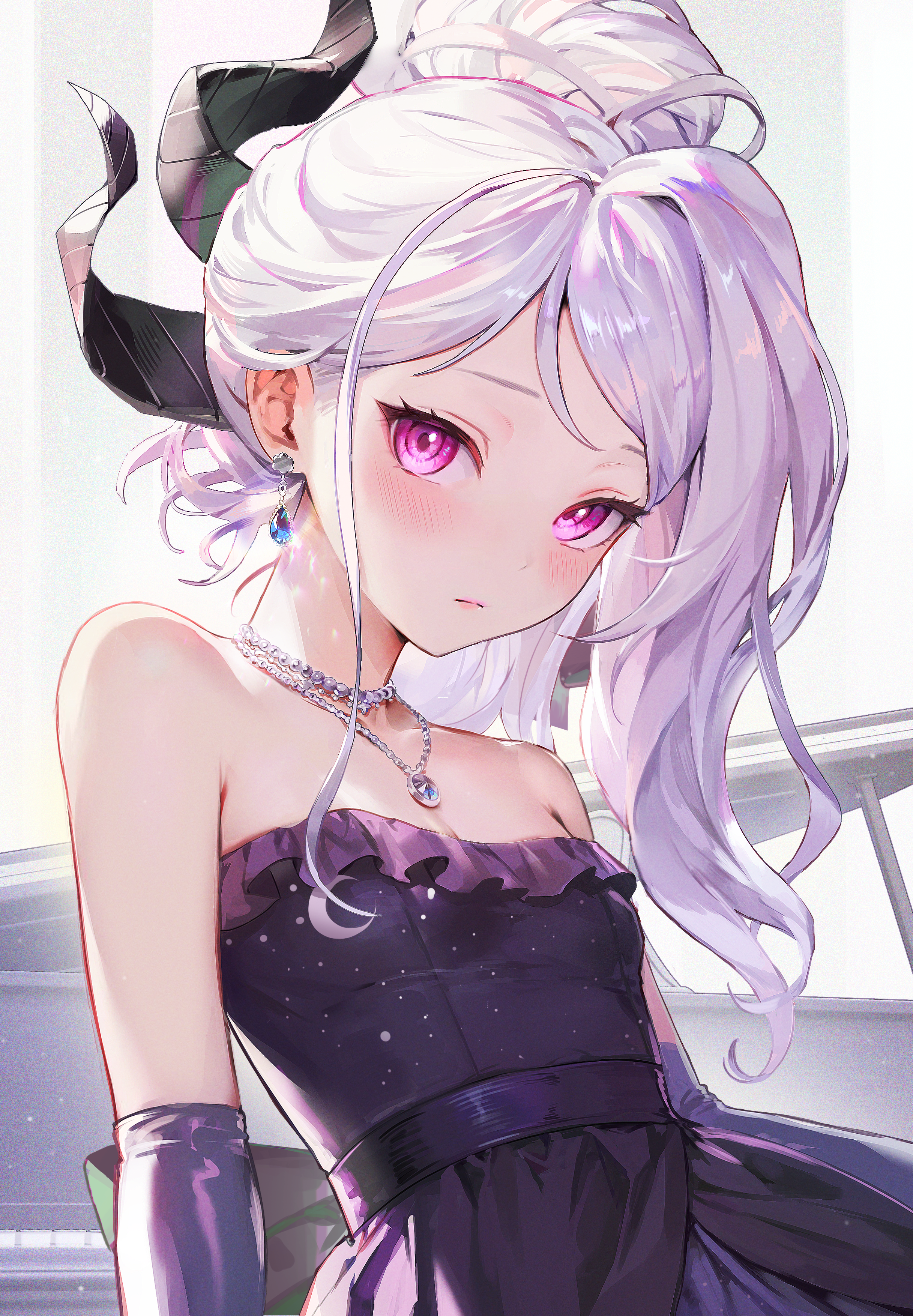 Anime 2434x3508 Sorasaki Hina (Blue Archive) portrait display long hair Blue Archive purple eyes demon horns dress anime girls elbow gloves white background gloves purple gloves blushing looking at viewer necklace horns gem earrings gemstone necklace skinny