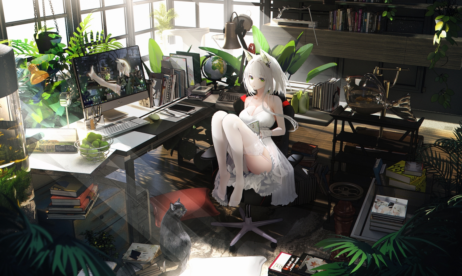 Anime 1500x895 Arknights white dress looking at viewer indoors Kal'tsit (Arknights) plants Omone Hokoma Agm cats stockings white stockings animal ears keyboards computer green eyes books leaves sitting animals white hair anime girls short hair cat girl cat ears women indoors lamp parted lips bent legs notebooks sleeveless window natural light swivel chair pillow fish tank sun rays table globes fruit apples cleavage