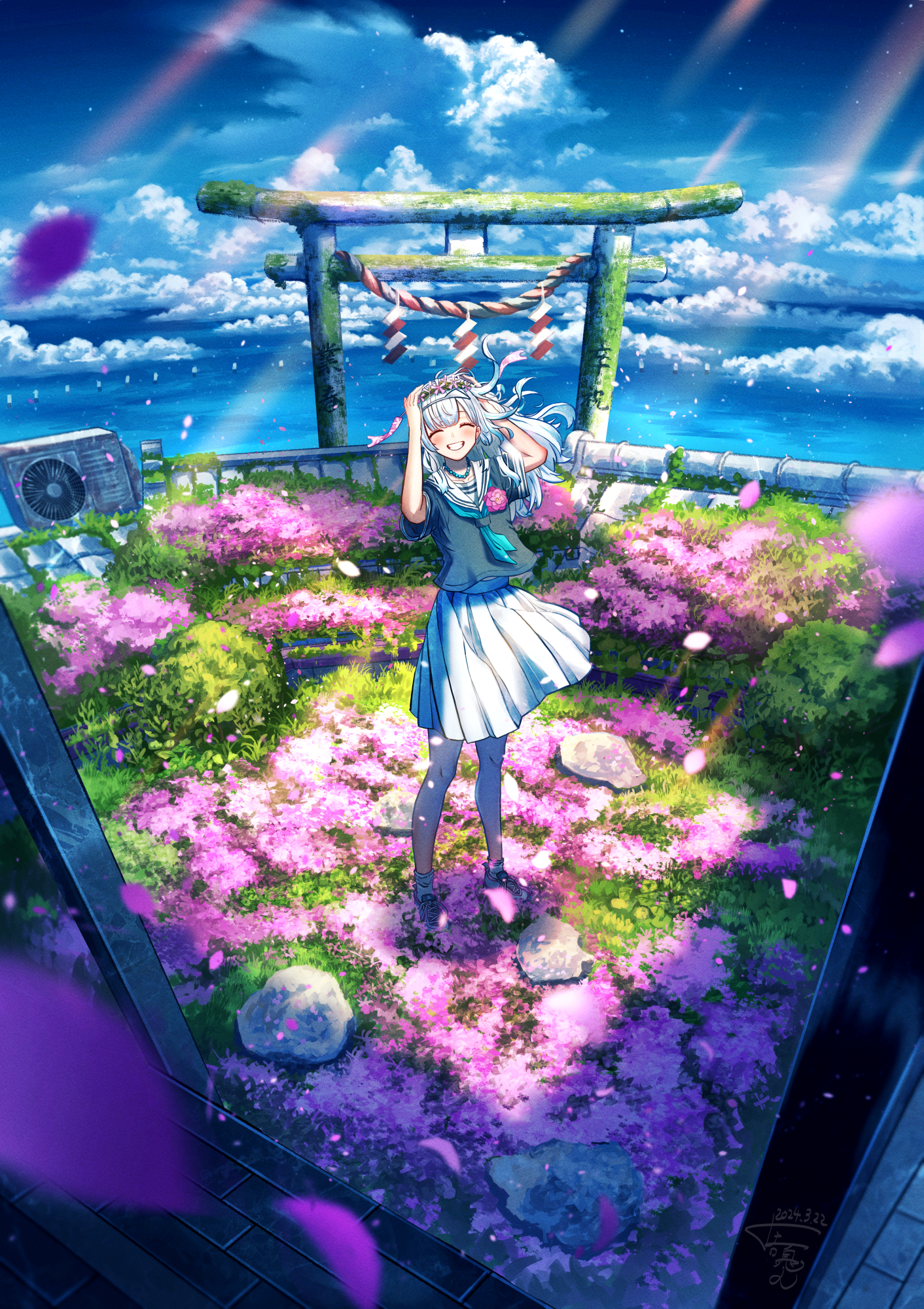 Anime 1412x2000 portrait display standing school uniform smiling hair blowing in the wind white hair pink flowers closed eyes white skirt women outdoors torii air conditioning clouds sunlight sky water sea petals horizon cumulus hand(s) on head Shuu Illust long hair grass depth of field