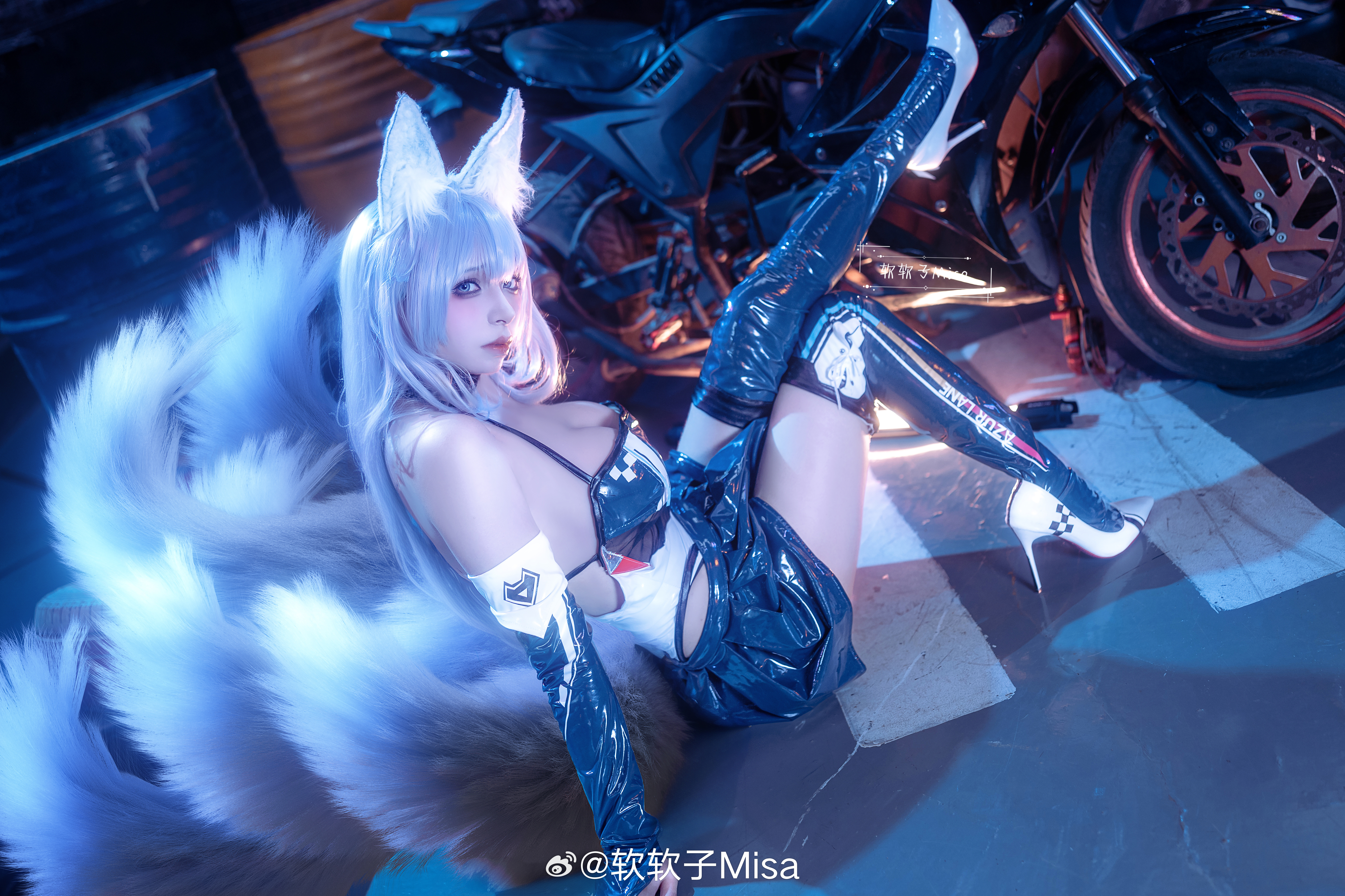 People 5591x3727 cosplay women Asian literuantebieru Shiroko (Blue Archive) Blue Archive long hair on the floor anime anime girls closed mouth looking at viewer skirt blue hair blue eyes cleavage big boobs fox girl fox ears fox tail watermarked Weibo motorcycle women with motorcycles