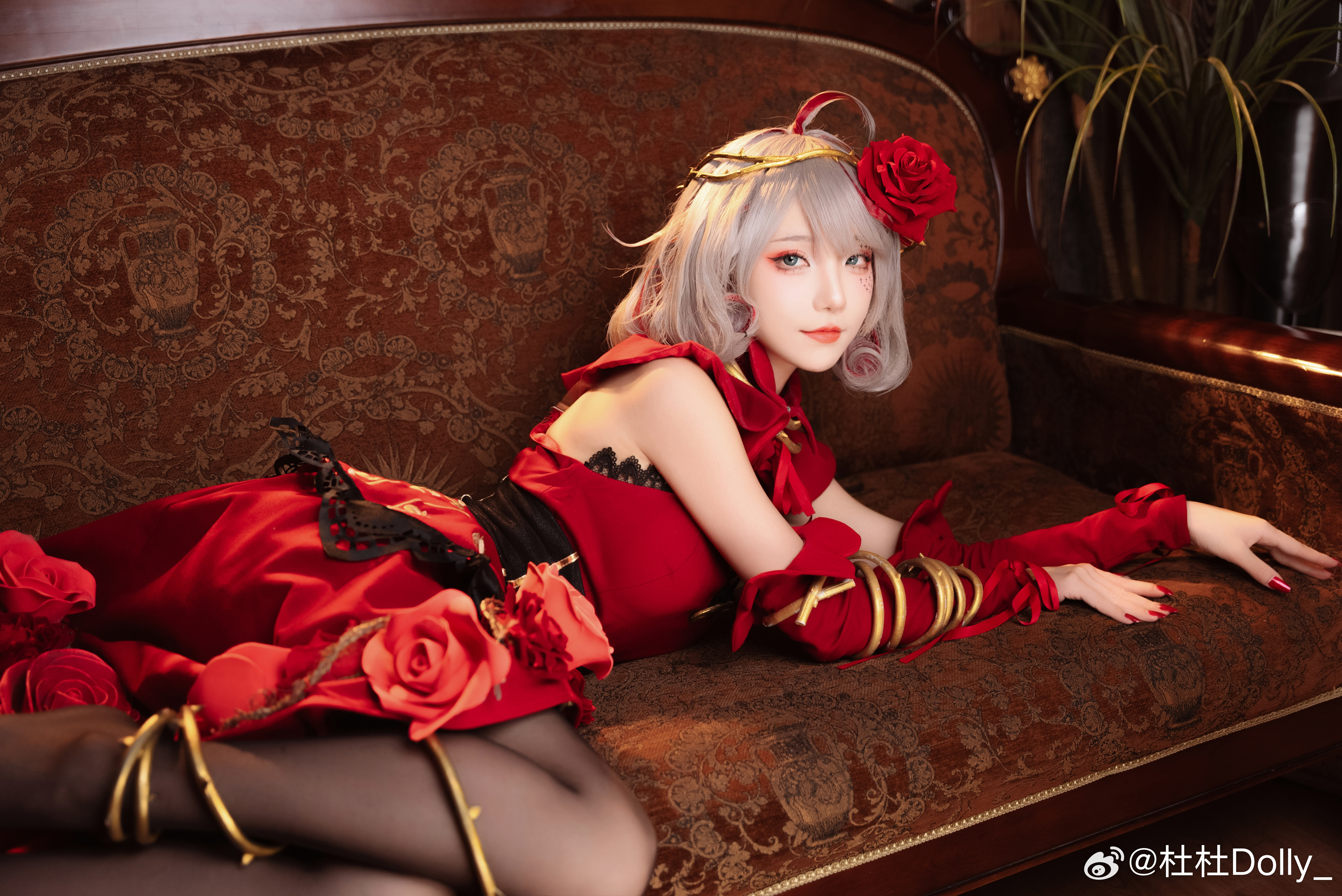 People 4240x2832 cosplay Asian women Takt Op. Destiny looking at viewer short hair gray hair blue eyes watermarked Weibo lying down lying on front flower in hair rose indoors women indoors couch red dress closed mouth smiling painted nails red nails pantyhose dress Cosette anime girls anime