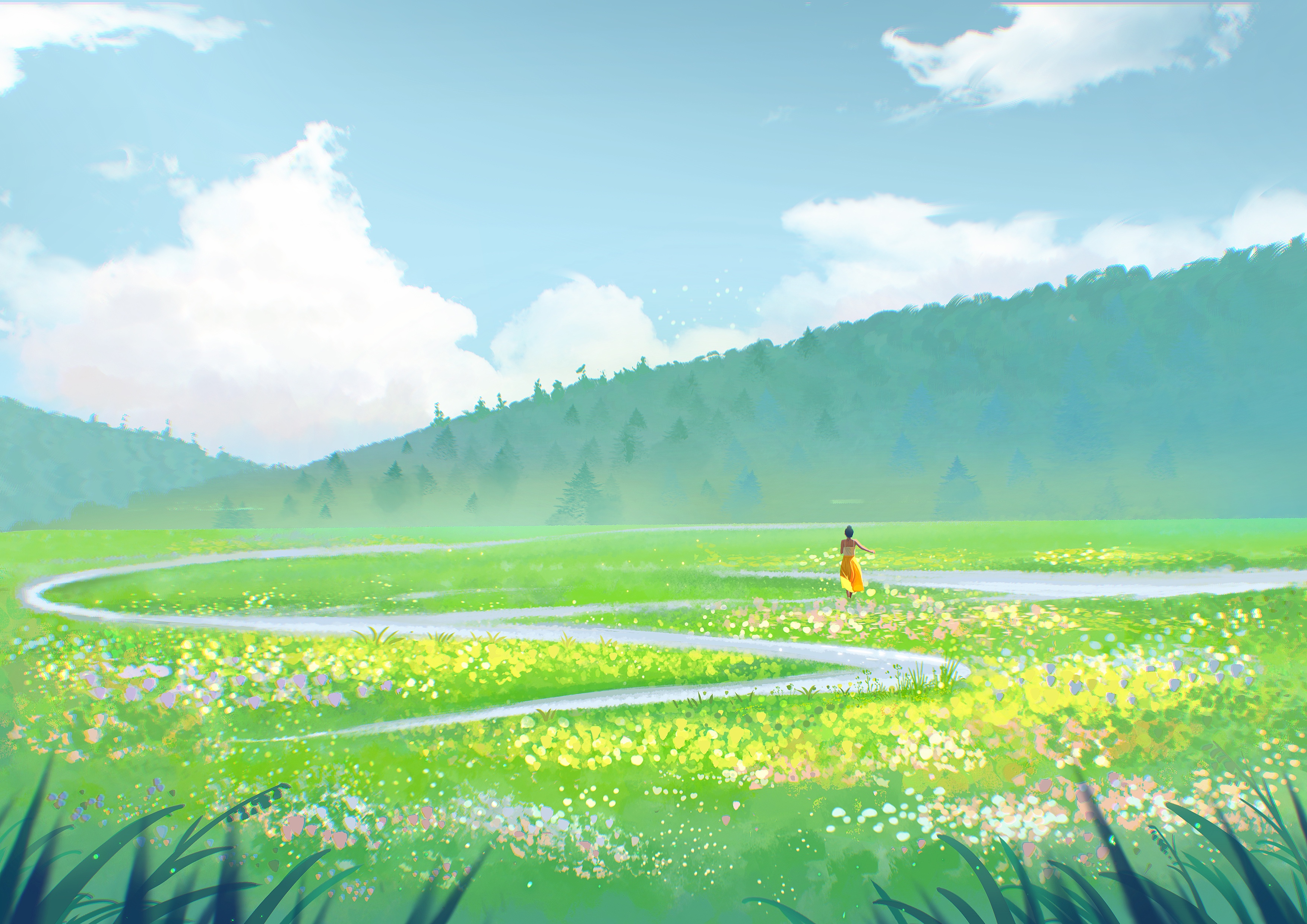 General 3508x2480 digital art artwork illustration landscape field mountains forest nature river clouds plants women yellow skirt skirt drawing sky leaves bright