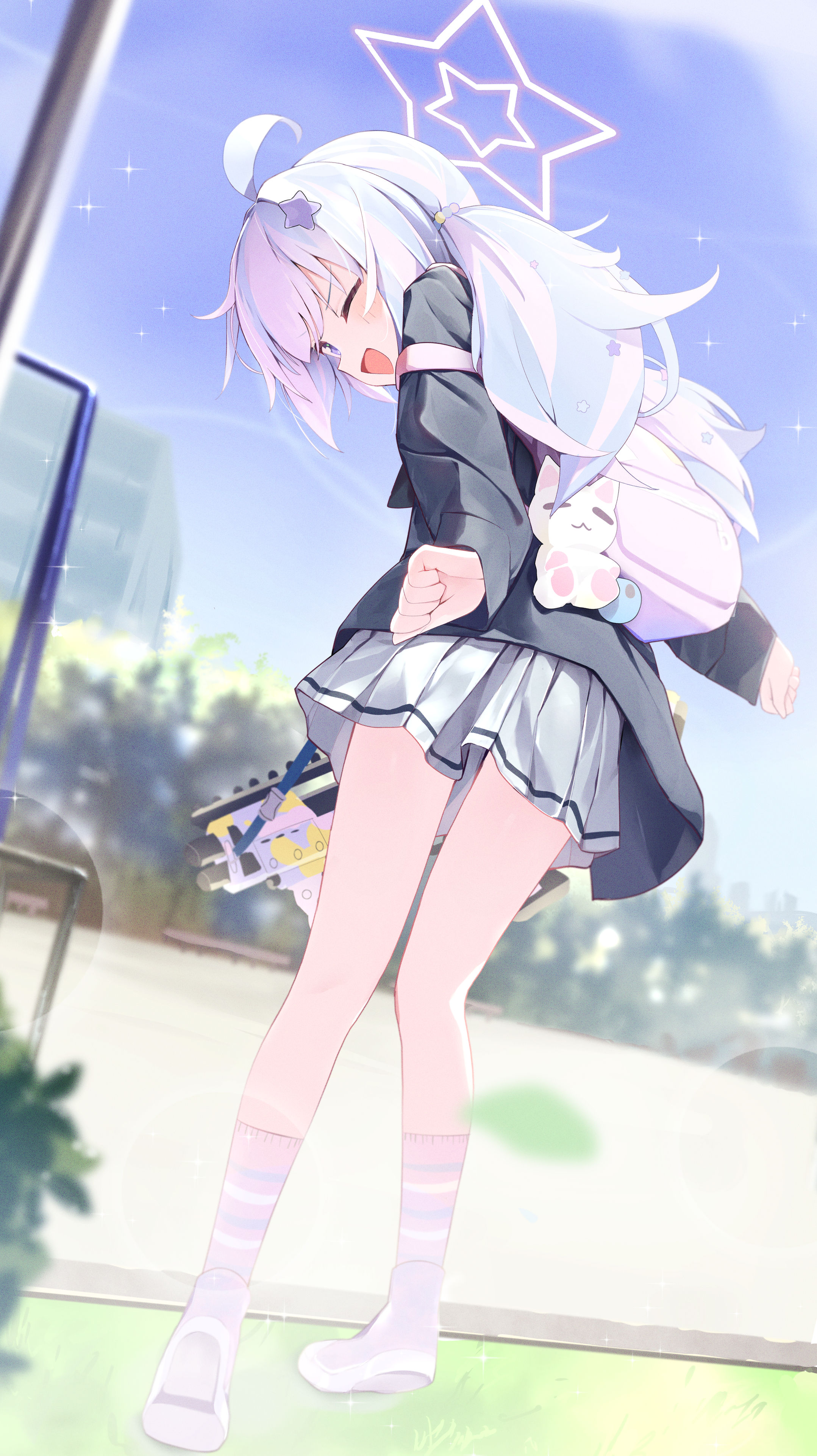 Anime 2157x3844 anime girls schoolgirl Uzawa Reisa Blue Archive video game characters skirt portrait display school uniform fan art open mouth long hair grass shoe sole girls with guns smiling low-angle long sleeves sparkles hair ornament two tone hair off shoulder ahoge one eye closed