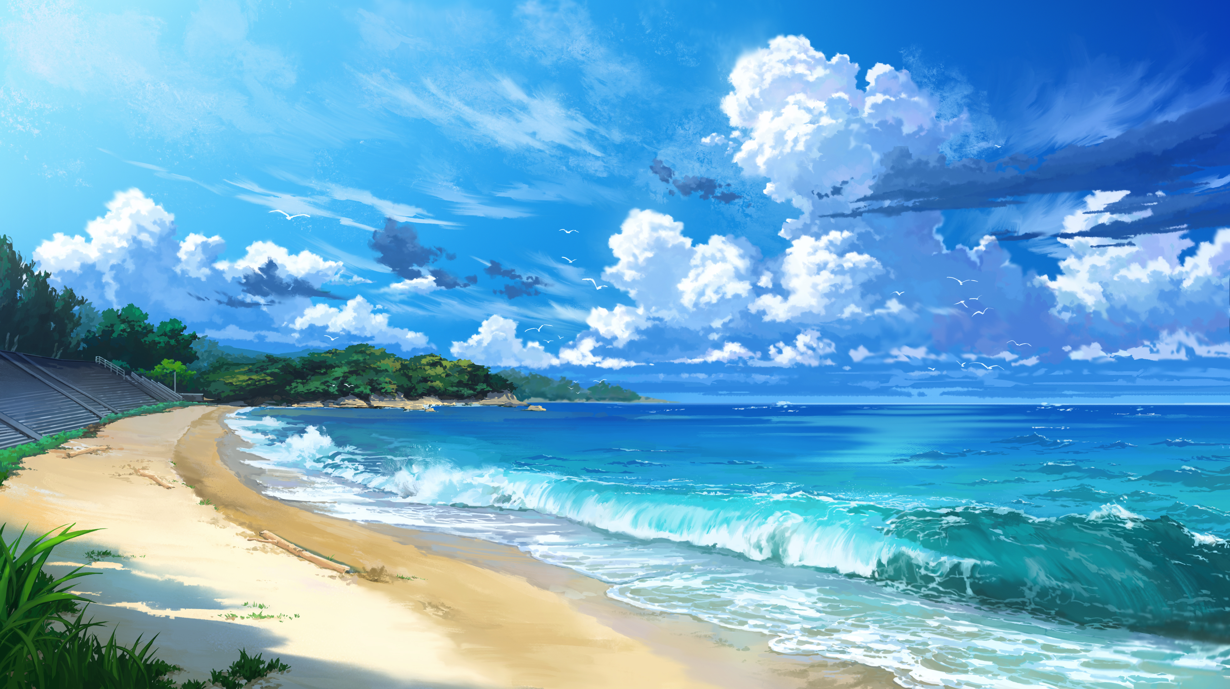 Anime 3932x2202 beach sea clouds sand waves shore grass sky stairs outdoors Karasu100 horizon cumulus