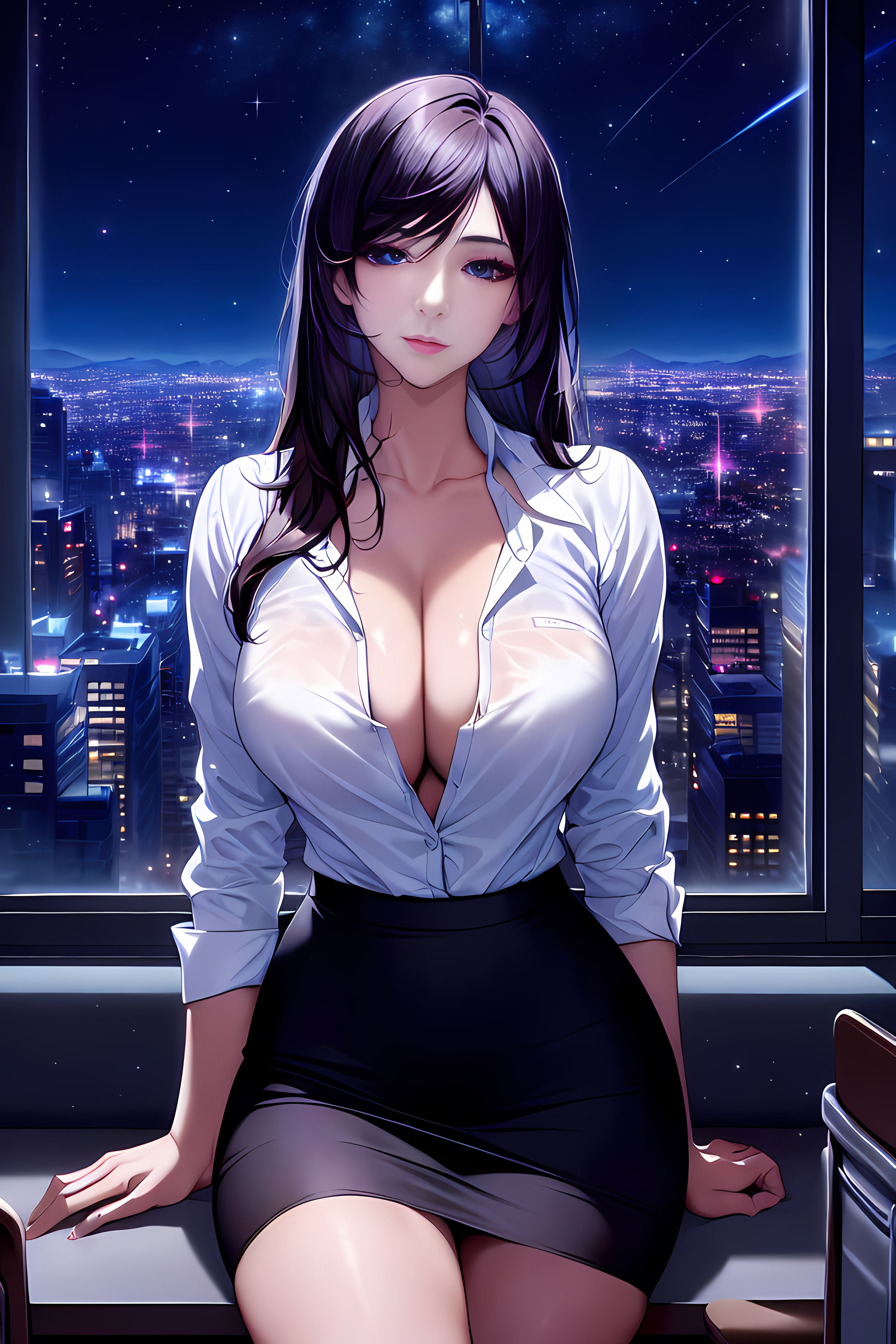 Anime 2560x3840 AI art cleavage midnight women indoors office girl cityscape unbuttoned window portrait display big boobs looking at viewer sitting building city lights city stars night long hair closed mouth collarbone blue eyes rolled sleeves thighs sky anime girls
